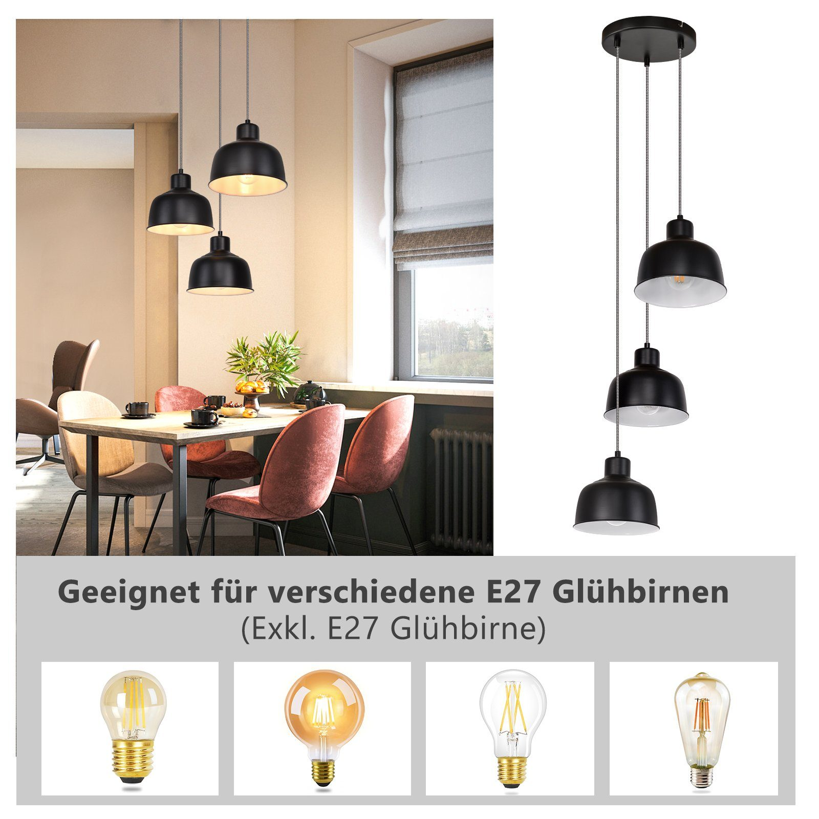 Tre lampade a sospensione nere sopra un tavolo da pranzo. Include esempi di lampadine E27.