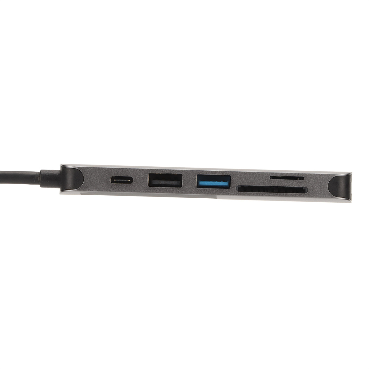 Ein grauer USB-C-Hub mit verschiedenen Anschlüssen. Enthält USB-, SD-Karten- und andere Anschlüsse.