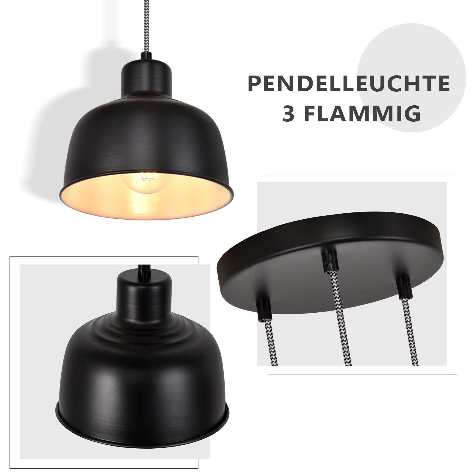 Lampada a sospensione in metallo nero con tre lampadine. Testo: Pendelleuchte 3 flammig.
