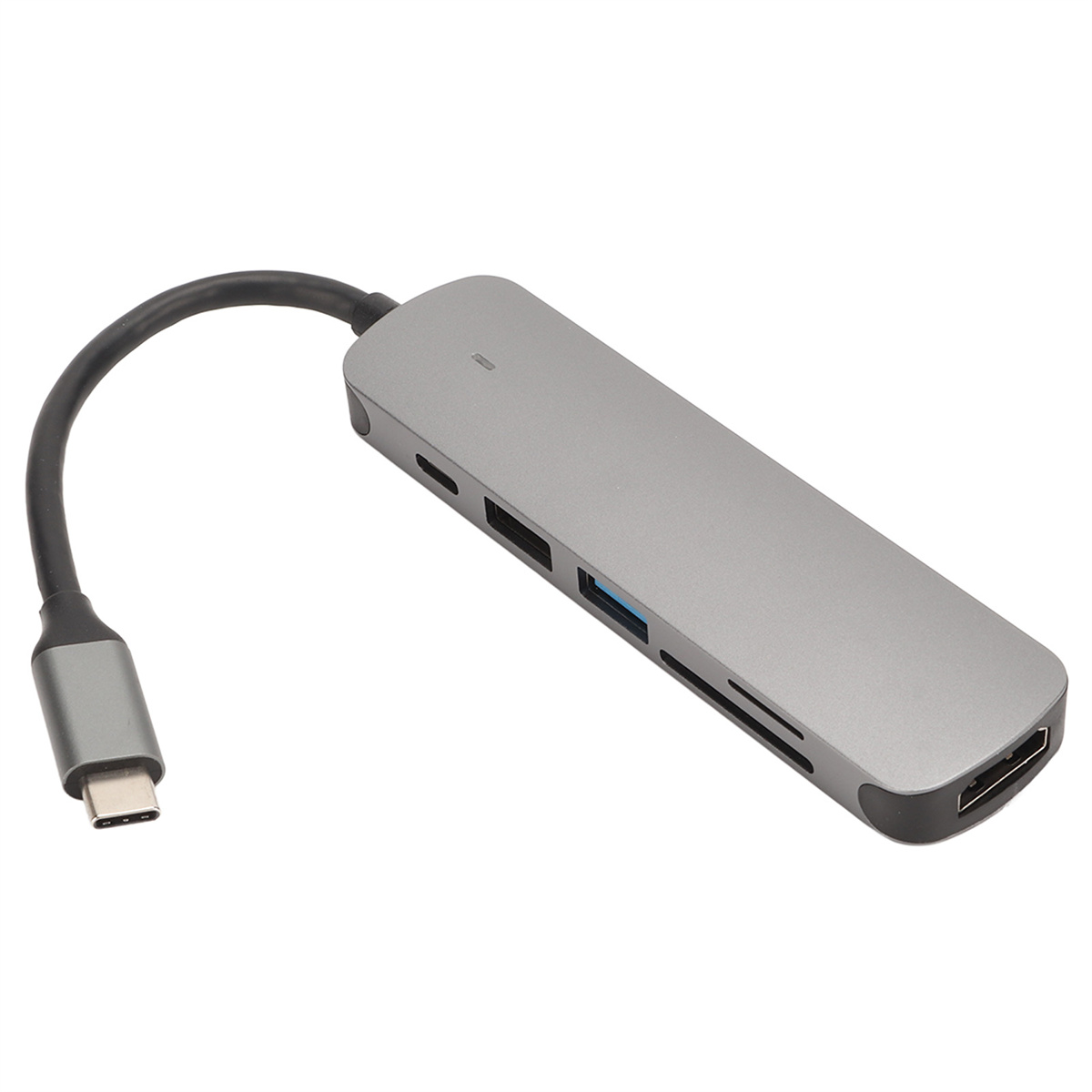 Ein silberner USB-Hub mit mehreren Anschlüssen, darunter USB, SD-Karte und ein USB-C-Anschluss mit schwarzem Kabel.