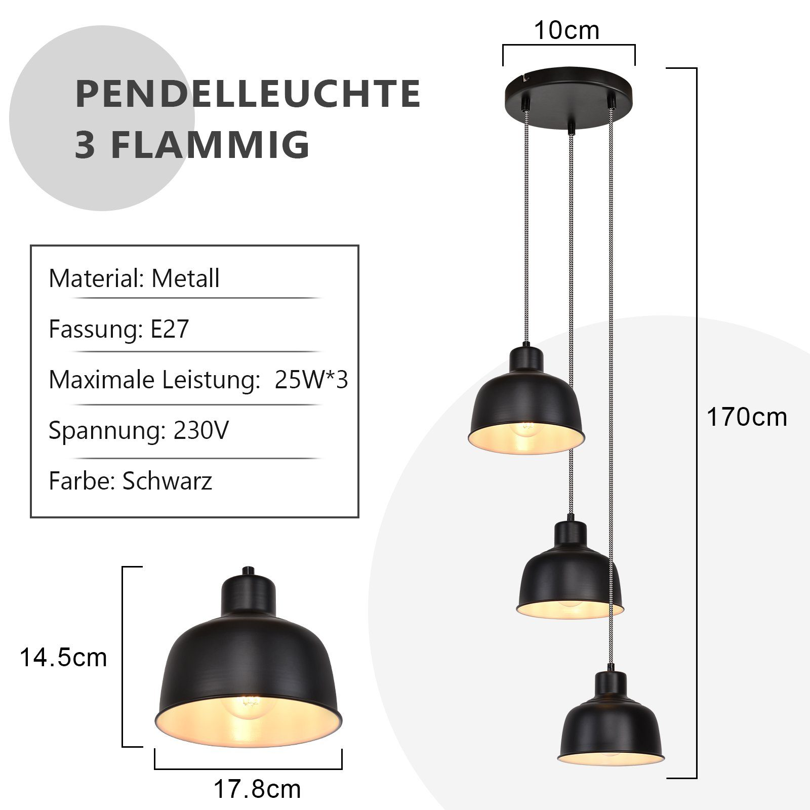 Una lampada a sospensione nera a tre luci con dimensioni e un elenco di caratteristiche.
