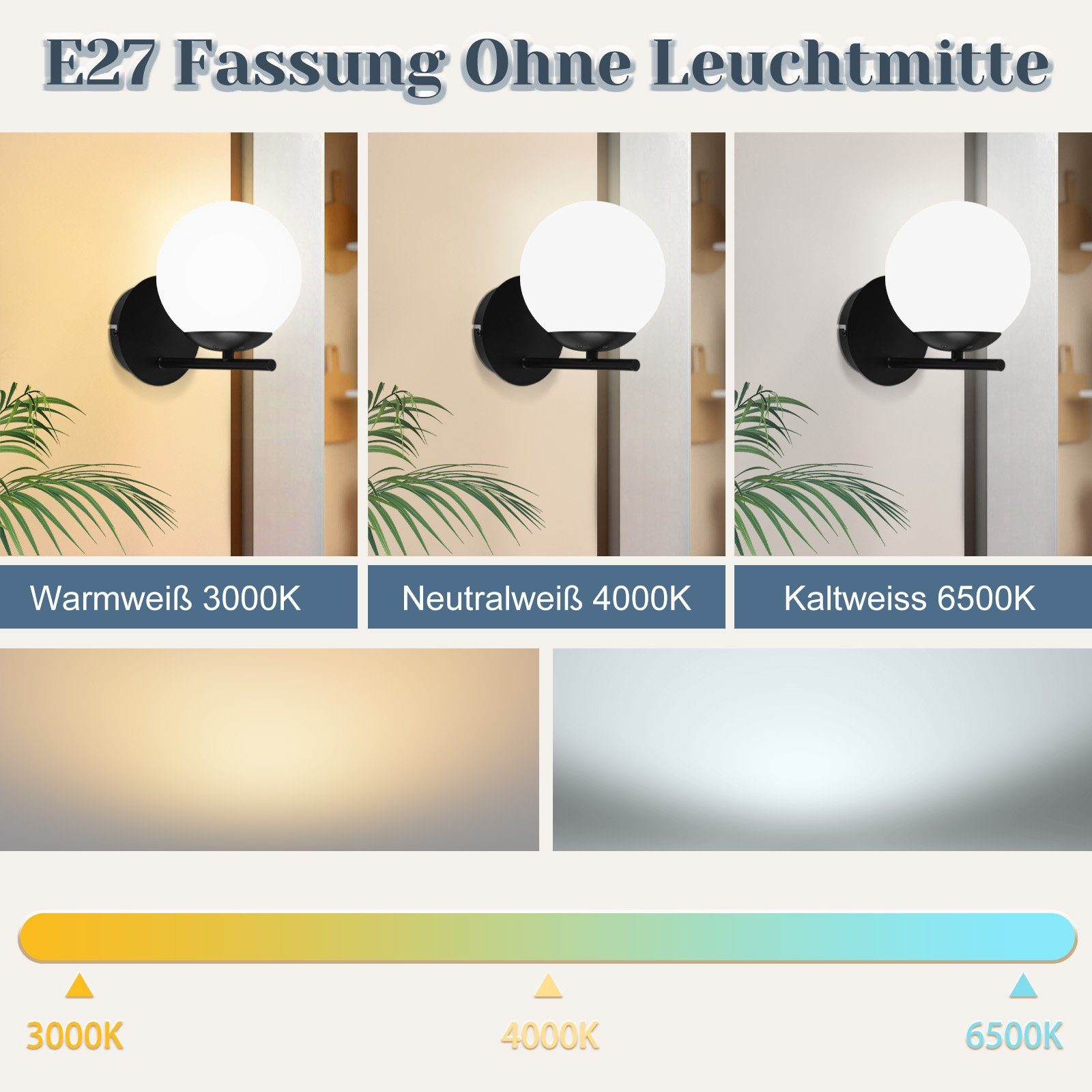 Tre lampade da parete con diversi colori di luce. Il testo descrive i colori della luce.