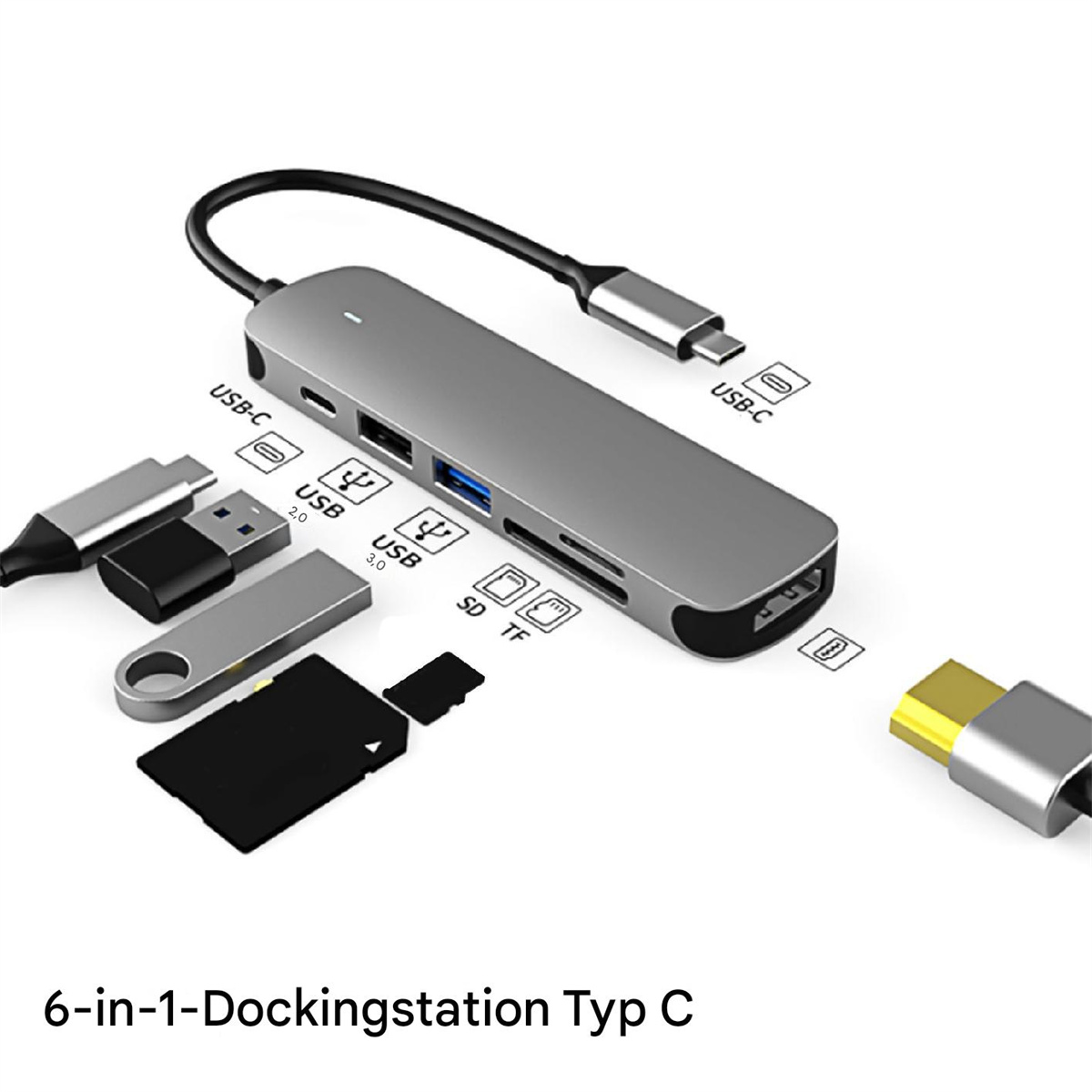Silberne 6-in-1-Dockingstation mit USB-C-Anschlüssen und Anschlüssen.