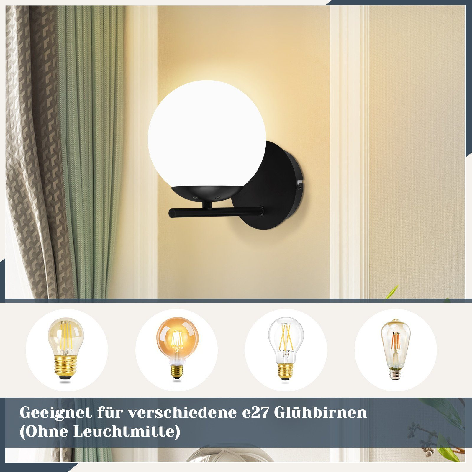 Lampada da parete nera con lampadina a globo bianca, più varie opzioni di lampadine sotto.