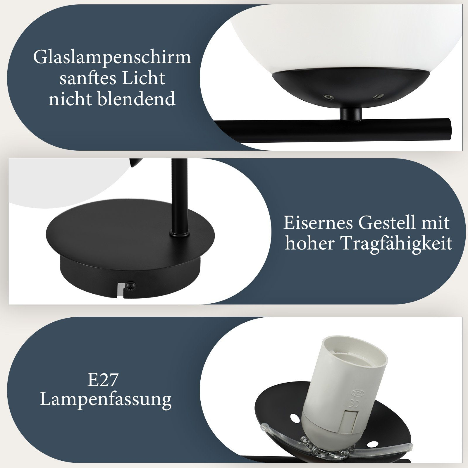Primo piano di una lampada con paralume in vetro e struttura in metallo nero. Dettagli della base.