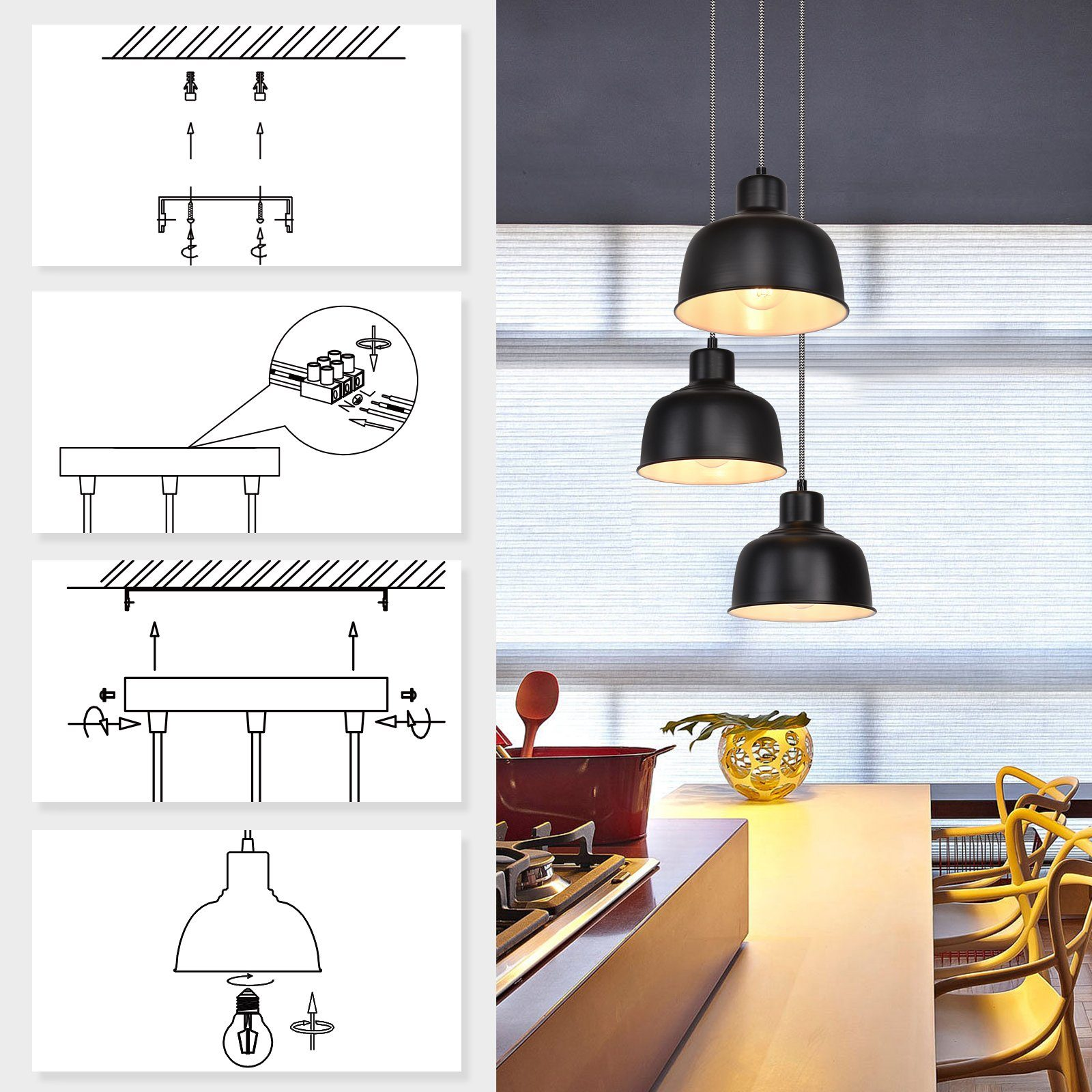 Schema dei passaggi per l'installazione della lampada: soffitto, fili, base della lampada e inserimento della lampadina.
