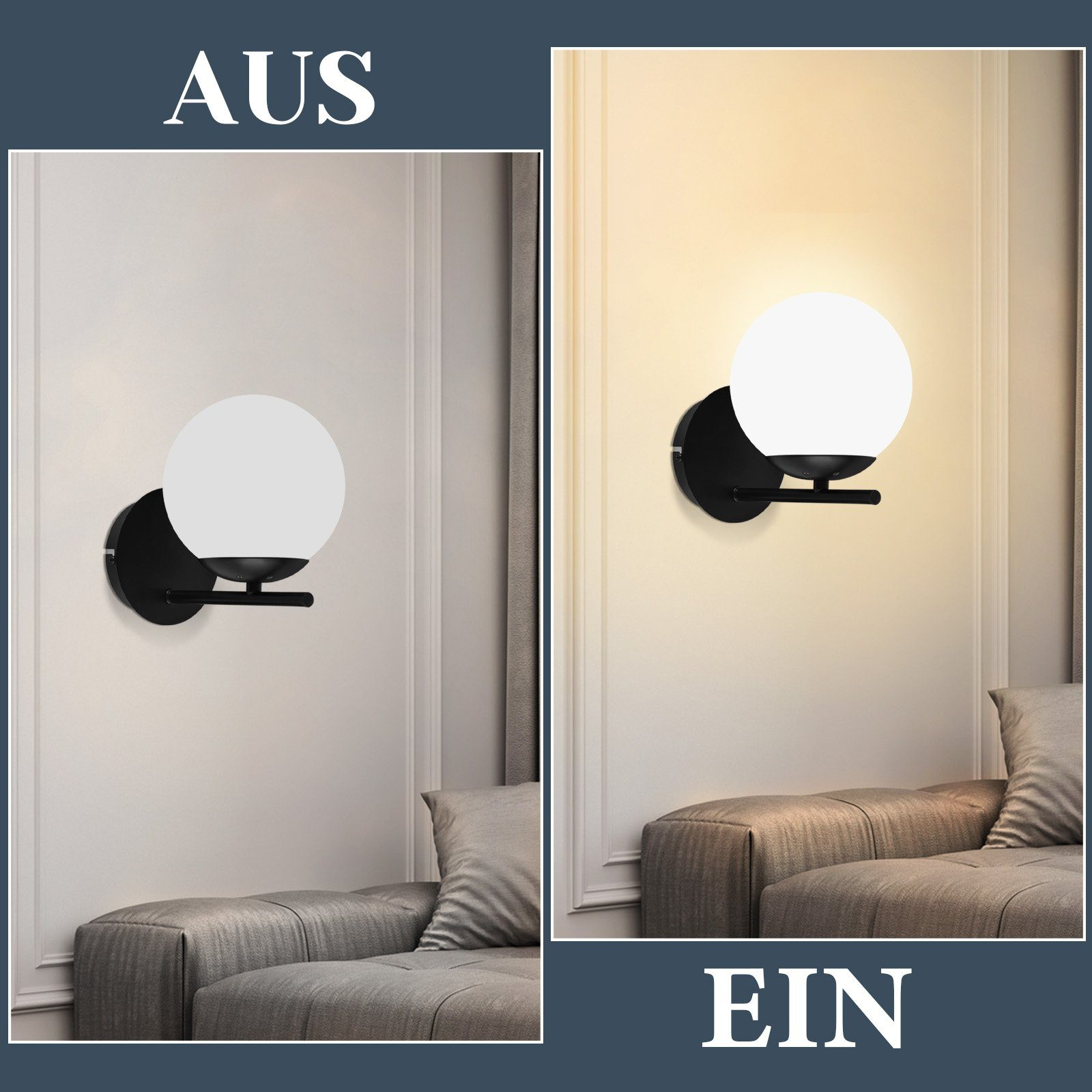 Applique da parete: uno spento e uno acceso. L'applique è nero, con una luce a globo bianca.