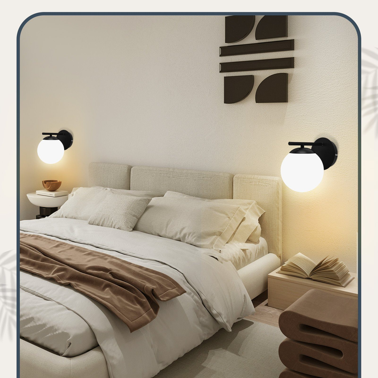 Una scena di camera da letto con due lampade da parete nere sulla parete, un letto con cuscini e un libro.