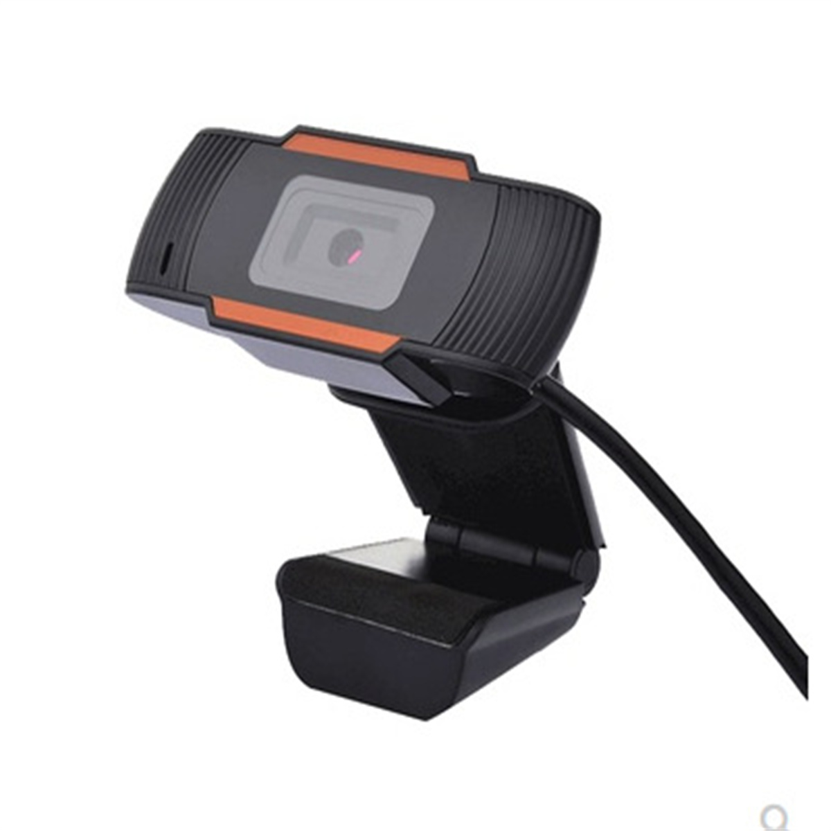 Schwarze Webcam mit orangefarbenen Akzenten, auf Ständer. Weißer Hintergrund.