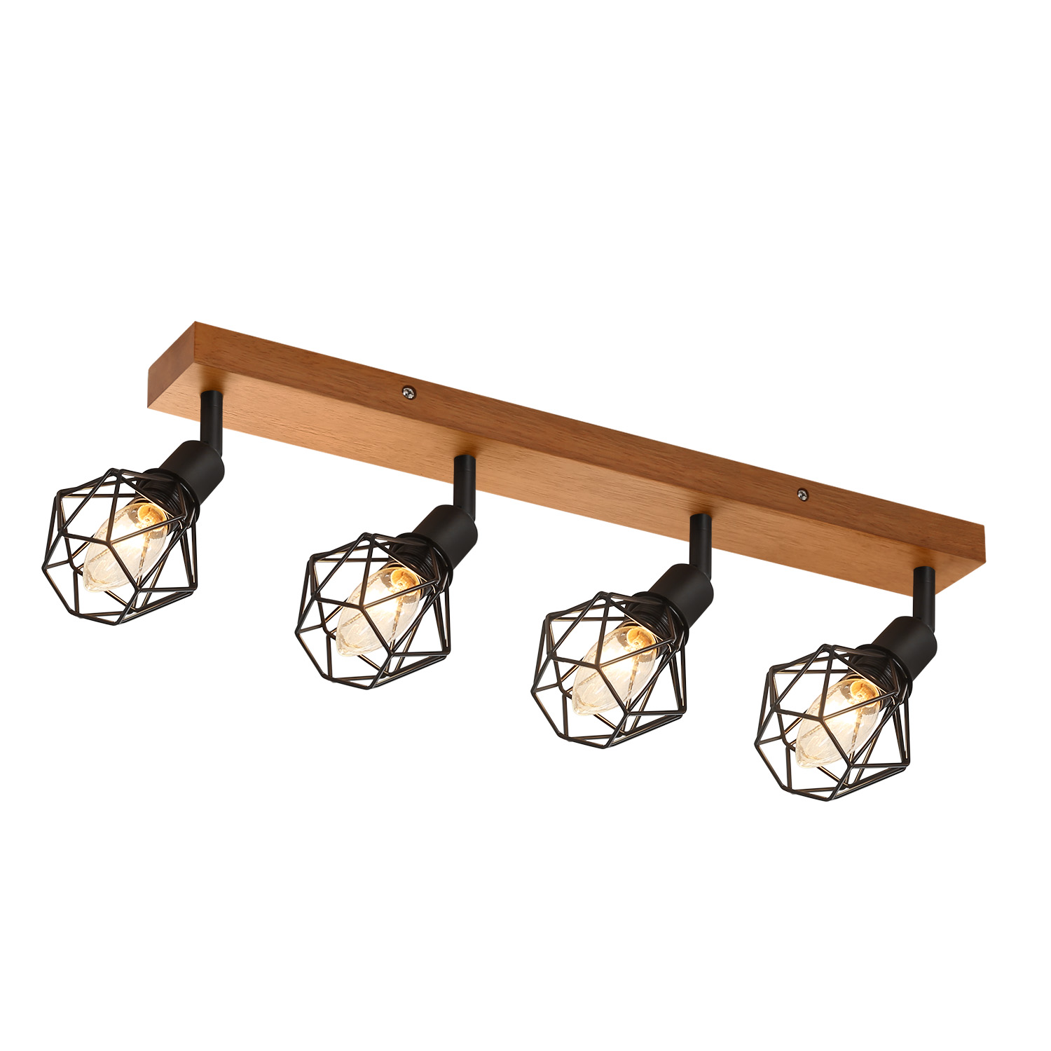 Quattro faretti neri, a gabbia, su una trave di legno. Le luci sono rivolte verso il basso.