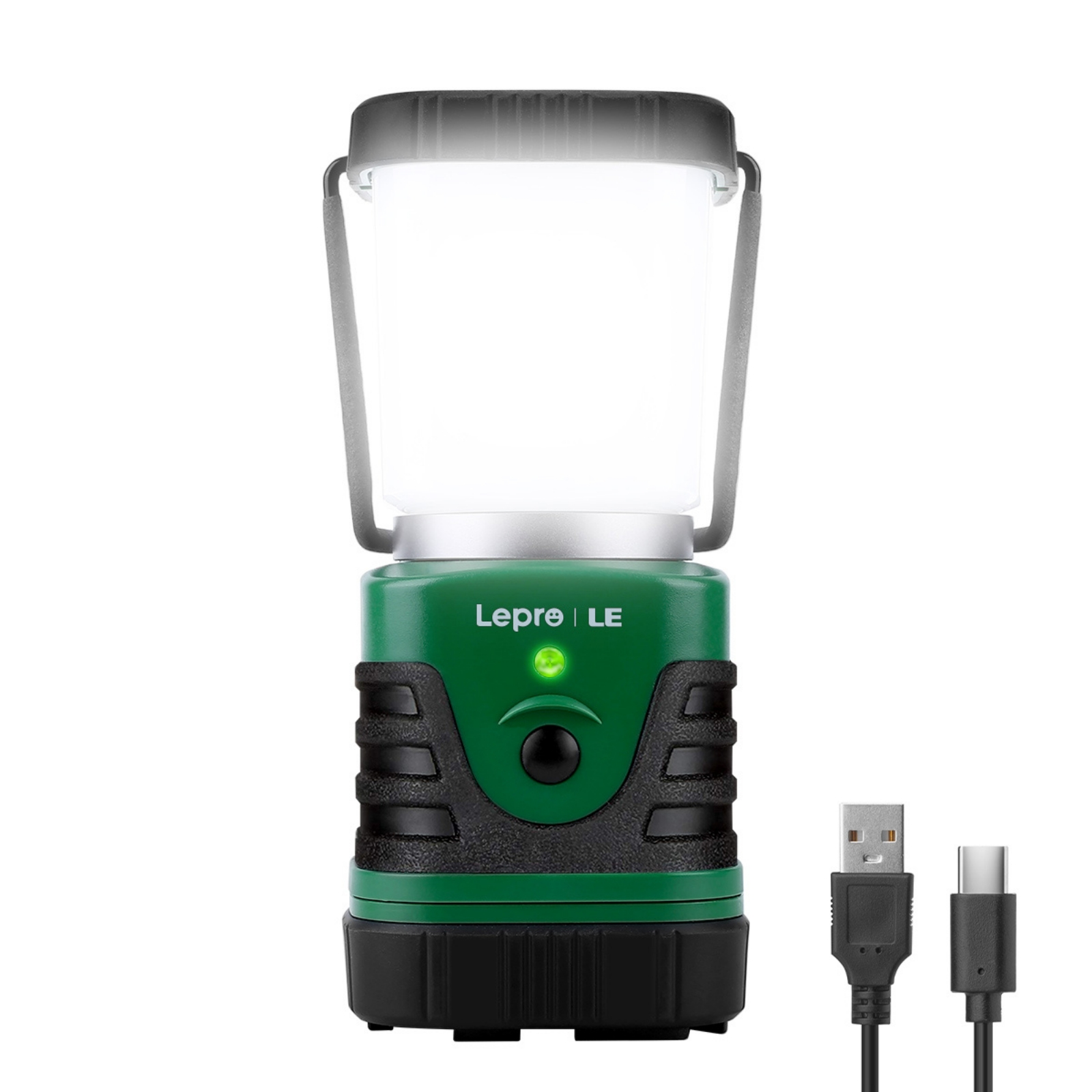 Grüne und schwarze Laterne mit Griff und Licht. USB-Kabel rechts.