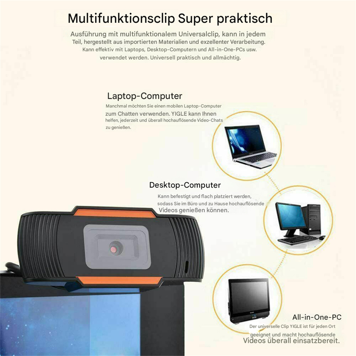 Eine Webcam-Produktwerbung mit mehreren Bildern und Text, die ihre Funktionen für Laptops, Desktops und All-in-One-PCs zeigt.