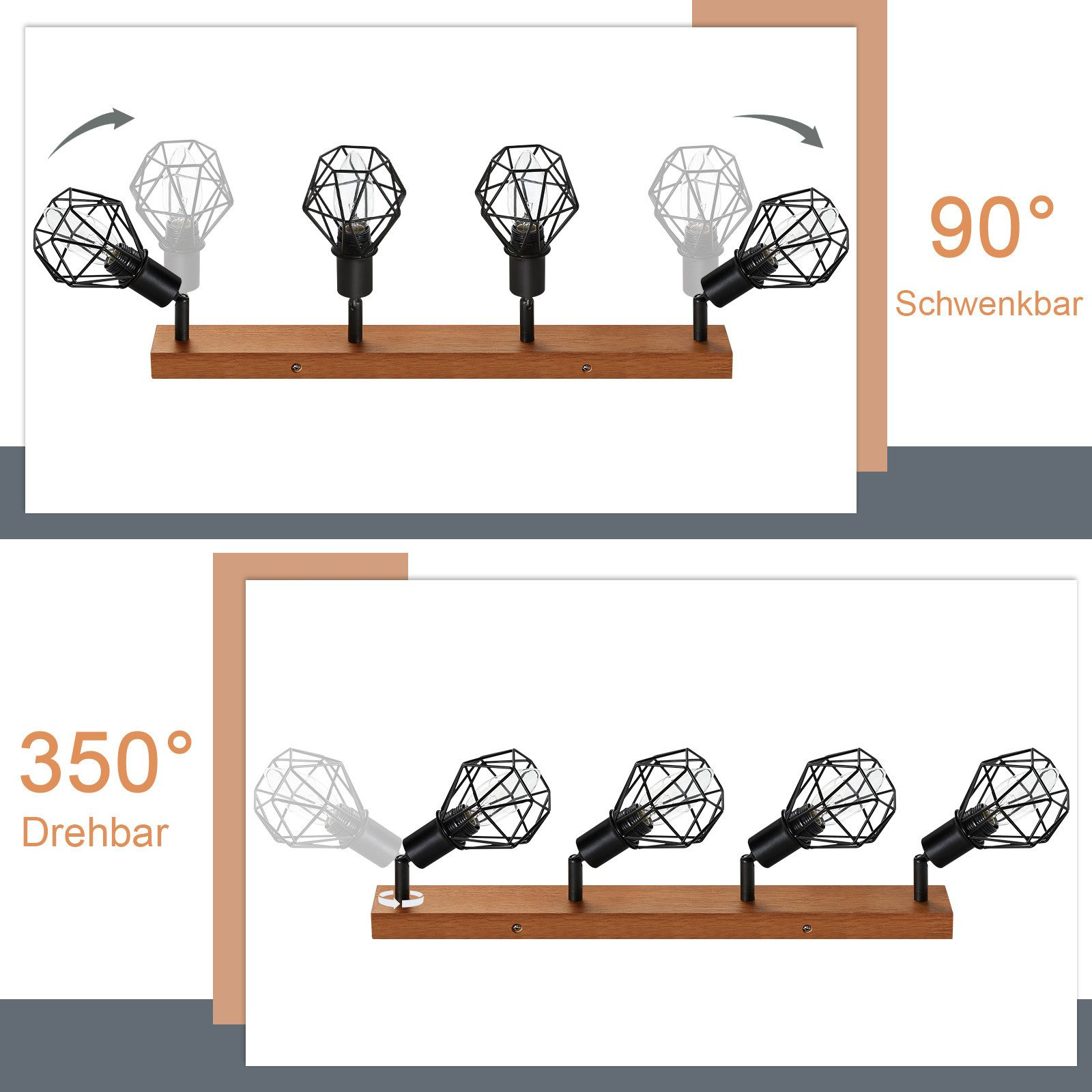 Una base in legno con 5 lampade nere, che mostrano una rotazione di 90° e 350°.