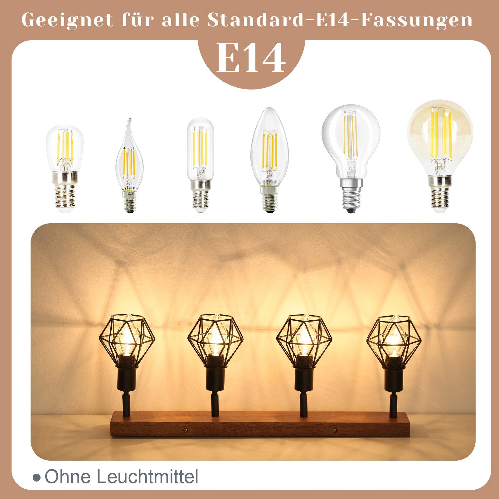 Assortimento di lampadine E14 di varie forme, esposte con apparecchi di illuminazione decorativi.