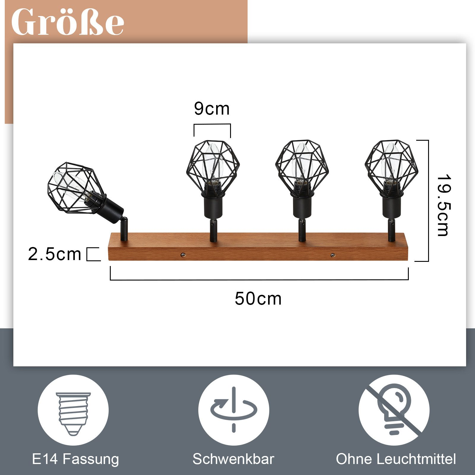Un apparecchio di illuminazione in legno con quattro lampade a gabbia di filo. Testo: Attacco E14, regolabile, senza lampadine.