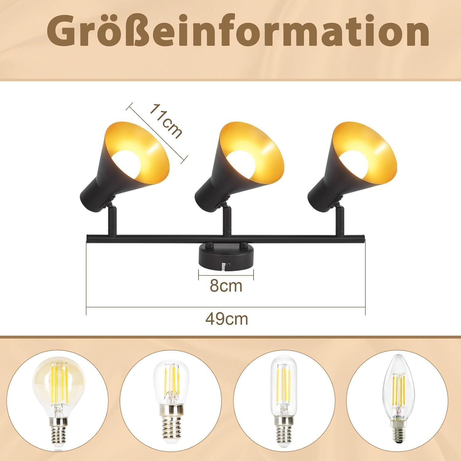 Lampada da soffitto con tre faretti e quattro opzioni di lampadine. Dimensioni incluse.