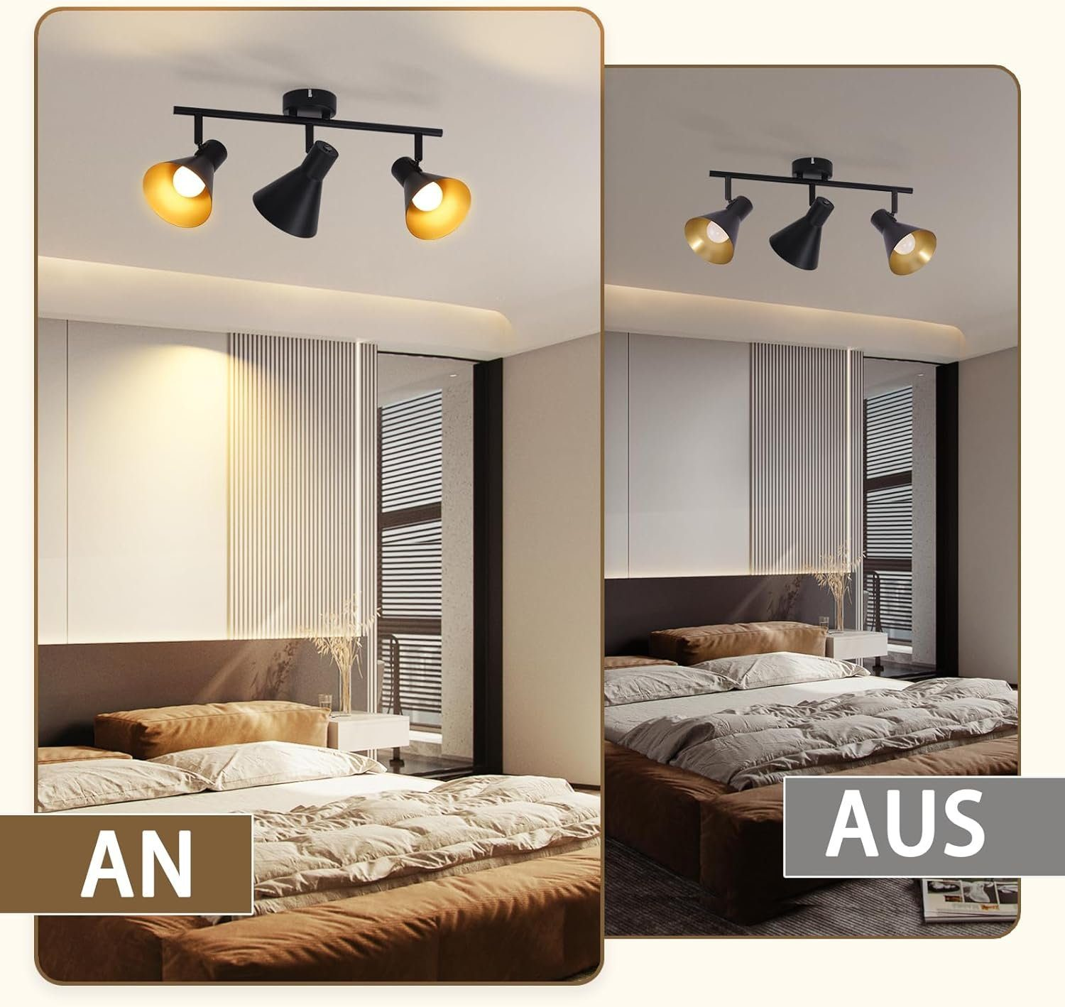 Camera da letto con faretti su binario. Due immagini, una con luci accese e una con luci spente.