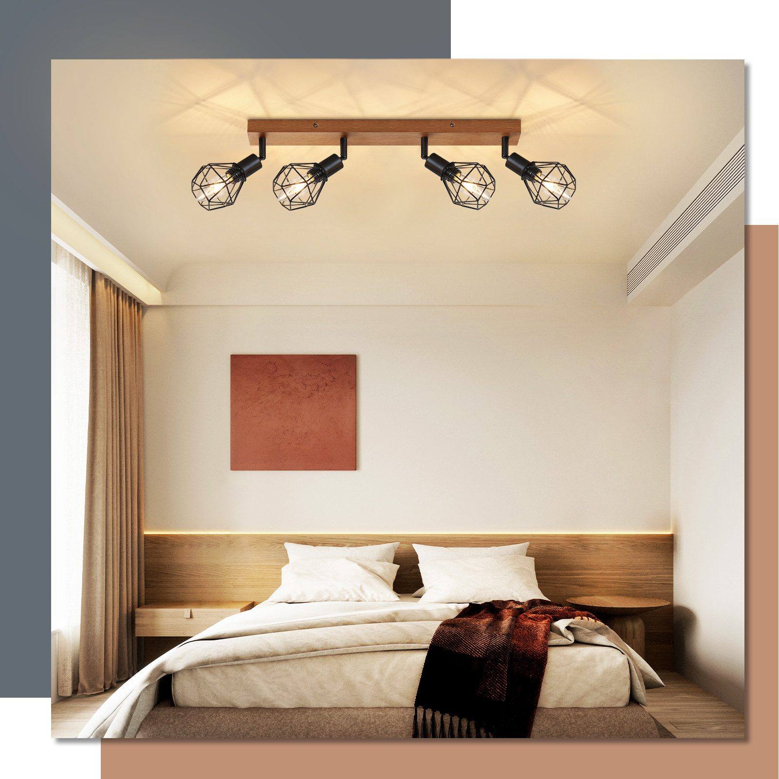 Lampada da soffitto con quattro faretti a gabbia sopra un letto, trave in legno e arte rossa.