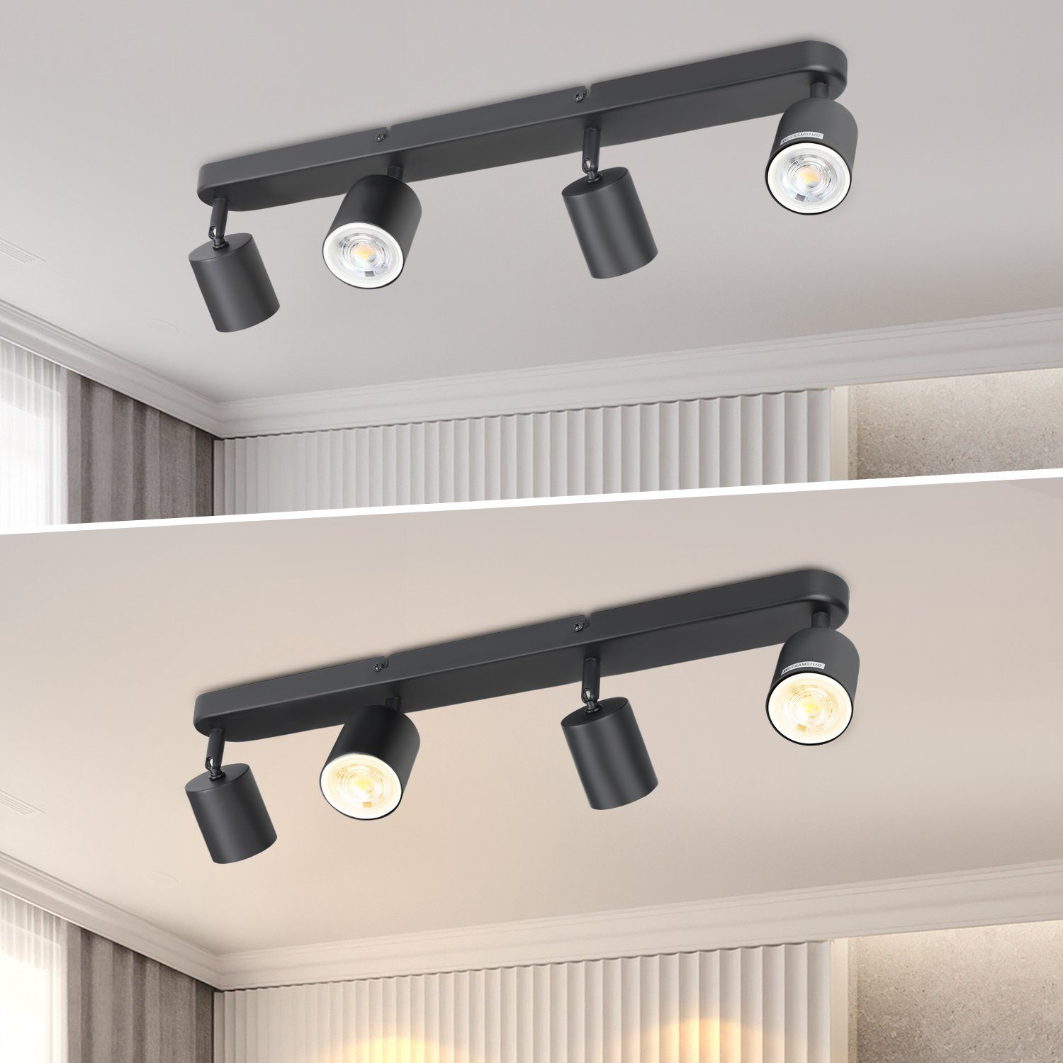 Due immagini di faretti neri su un soffitto. Una mostra le luci spente, l'altra accese.