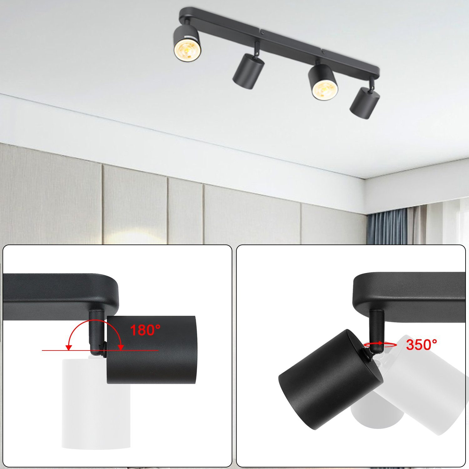 È mostrata una plafoniera nera con quattro faretti regolabili. Le luci sono su un soffitto bianco.