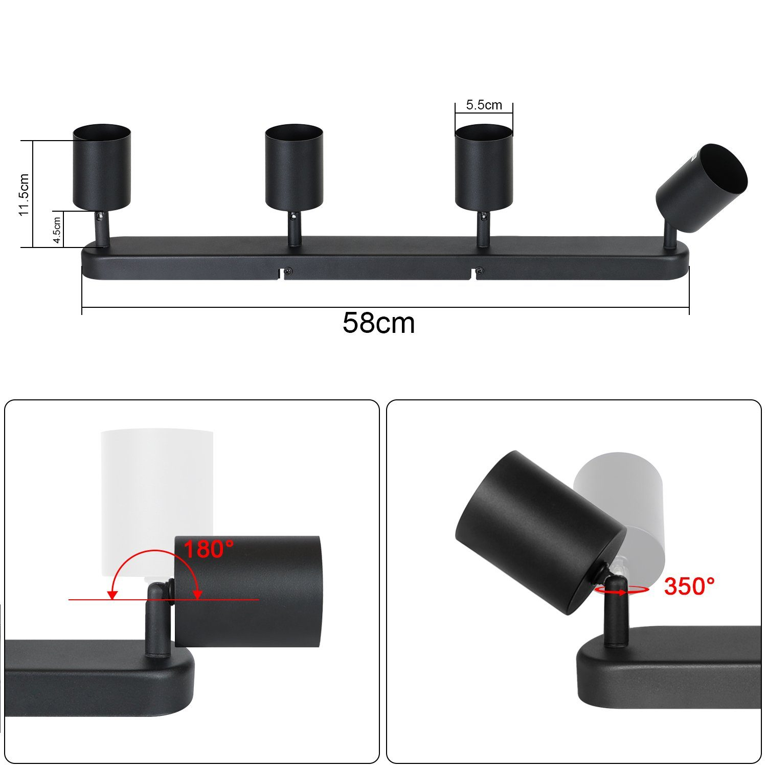 Apparecchio di illuminazione a binario nero con quattro luci regolabili. Dimensioni e regolazioni angolari mostrate.