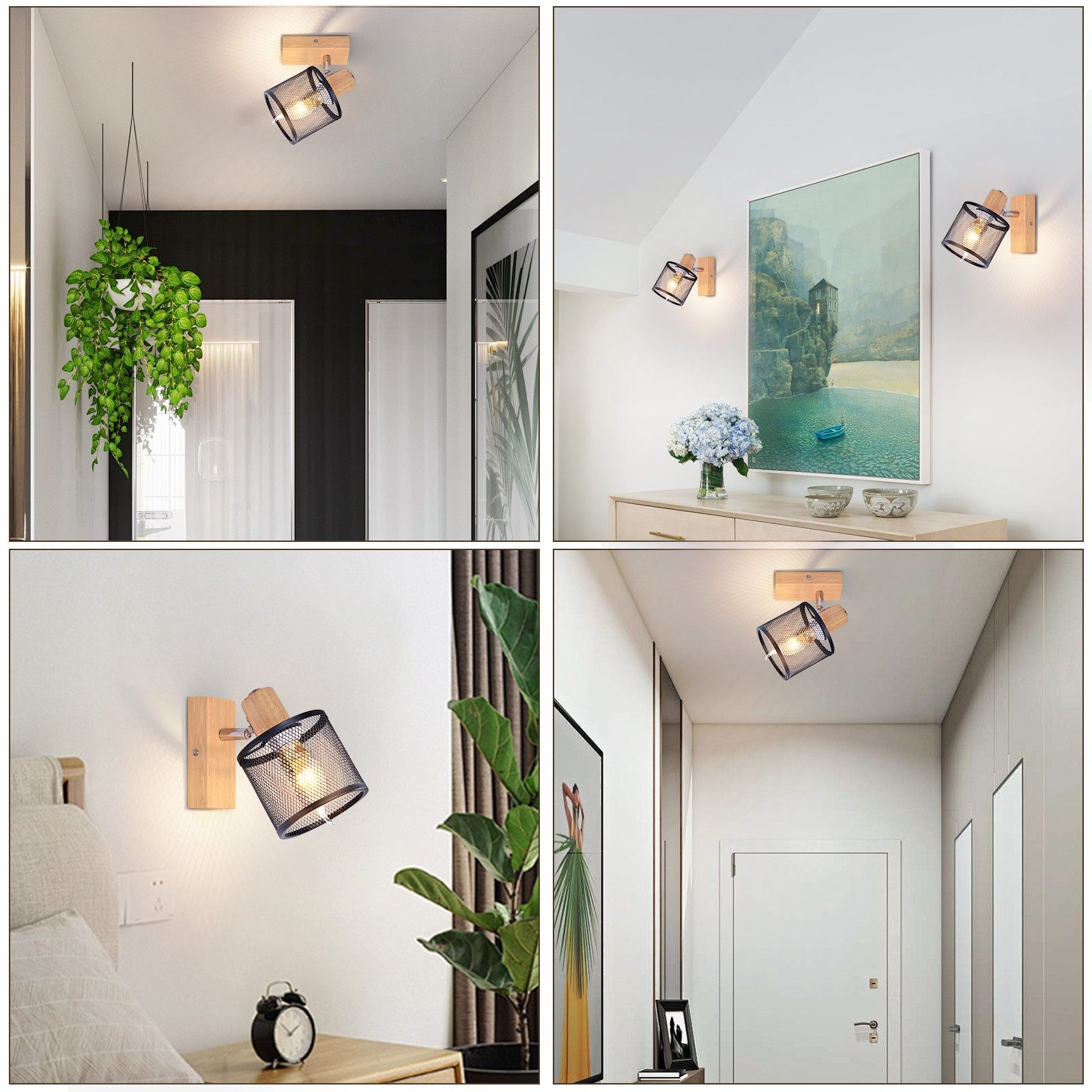 Quattro immagini di una lampada da parete nera e in legno. Varie stanze sono illuminate con la lampada da parete.
