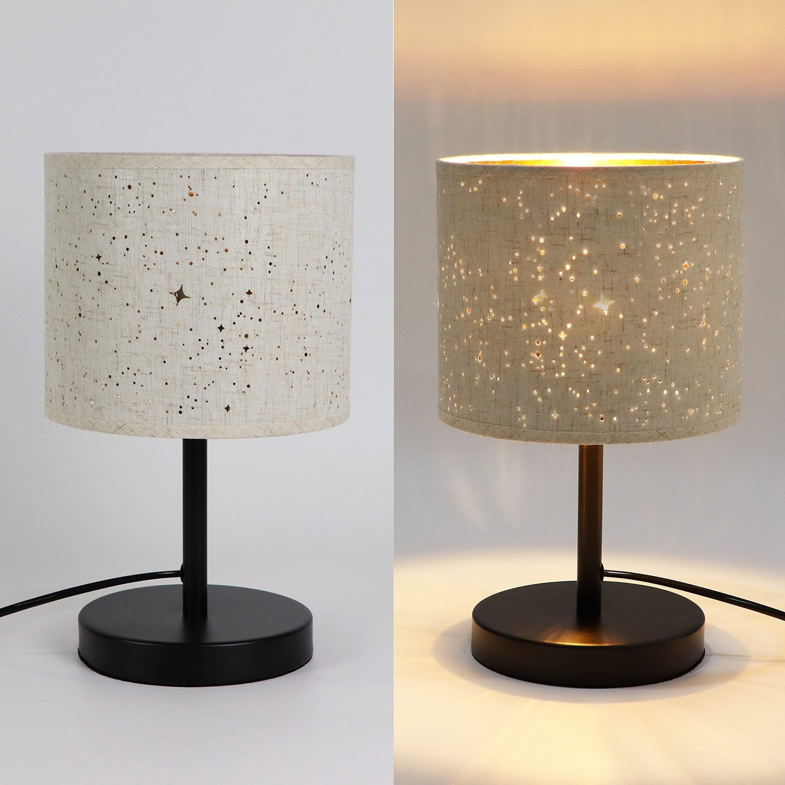 Lampa stołowa z abażurem w gwiazdy, zapalona i niezapalona, ​​pokazująca wariacje światła i ciemności.