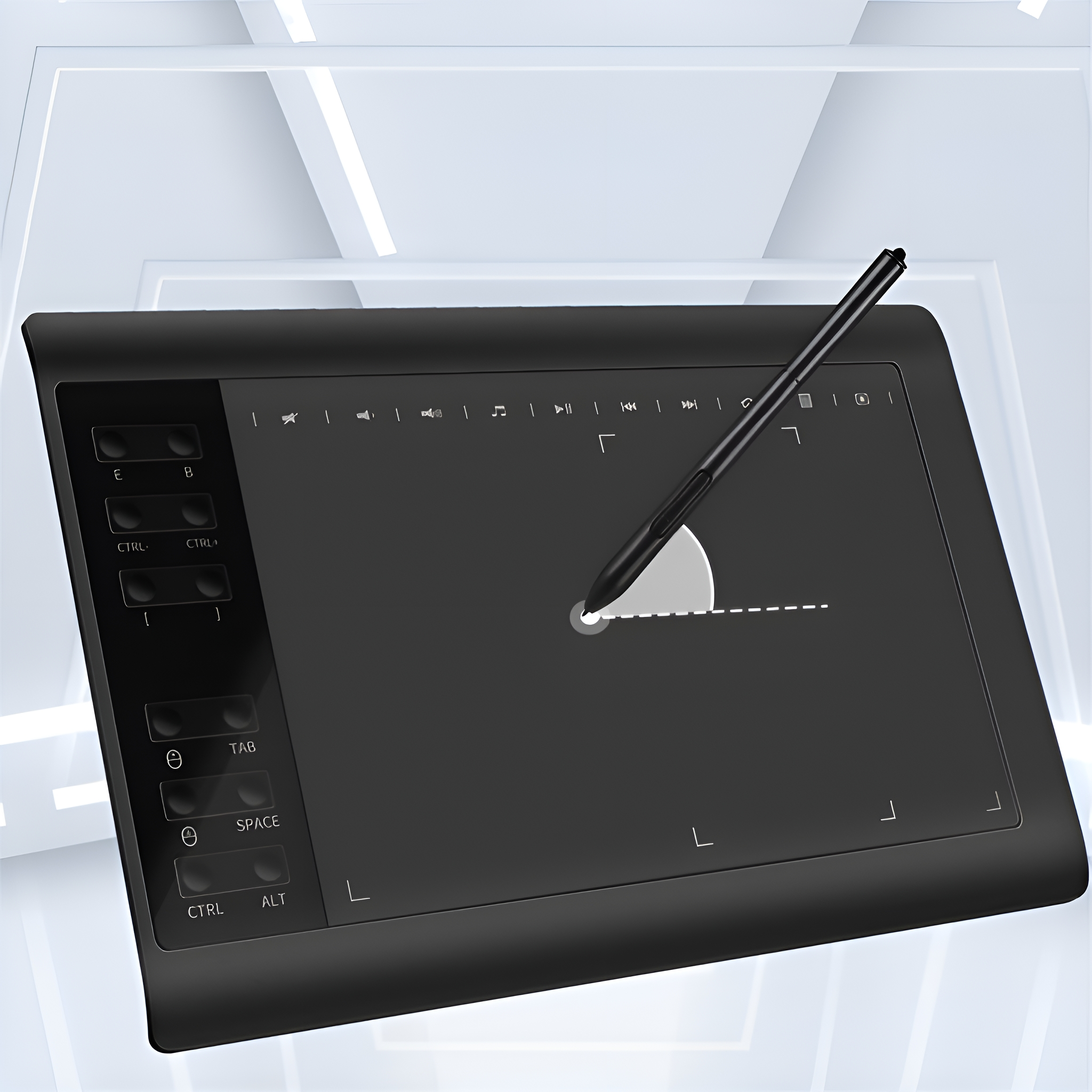Schwarzes Grafiktablett mit Stift, weißer Hintergrund. Tablet mit Sondertasten.