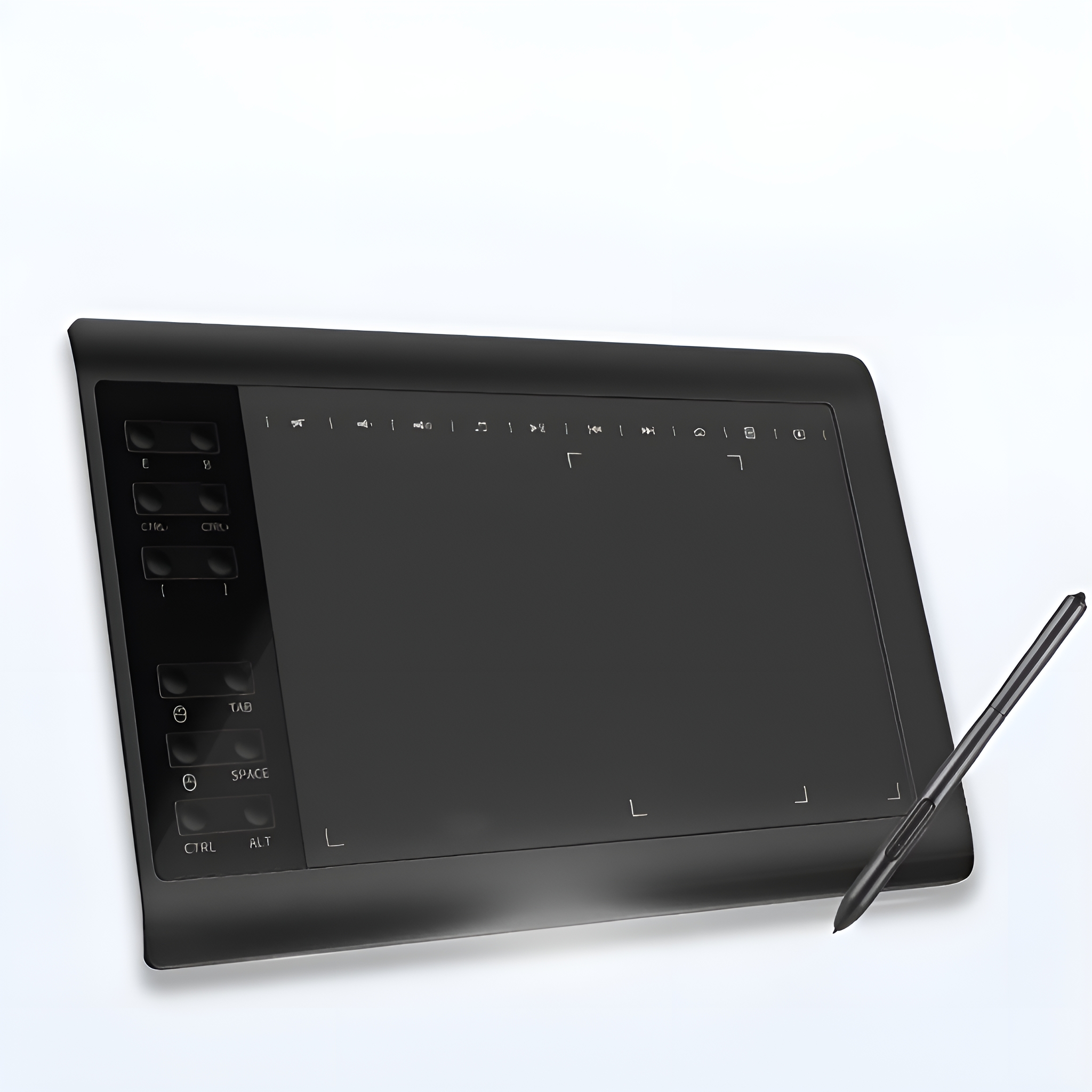 Schwarzes Zeichentablett und Eingabestift auf weißem Hintergrund. Mit Steuertasten.