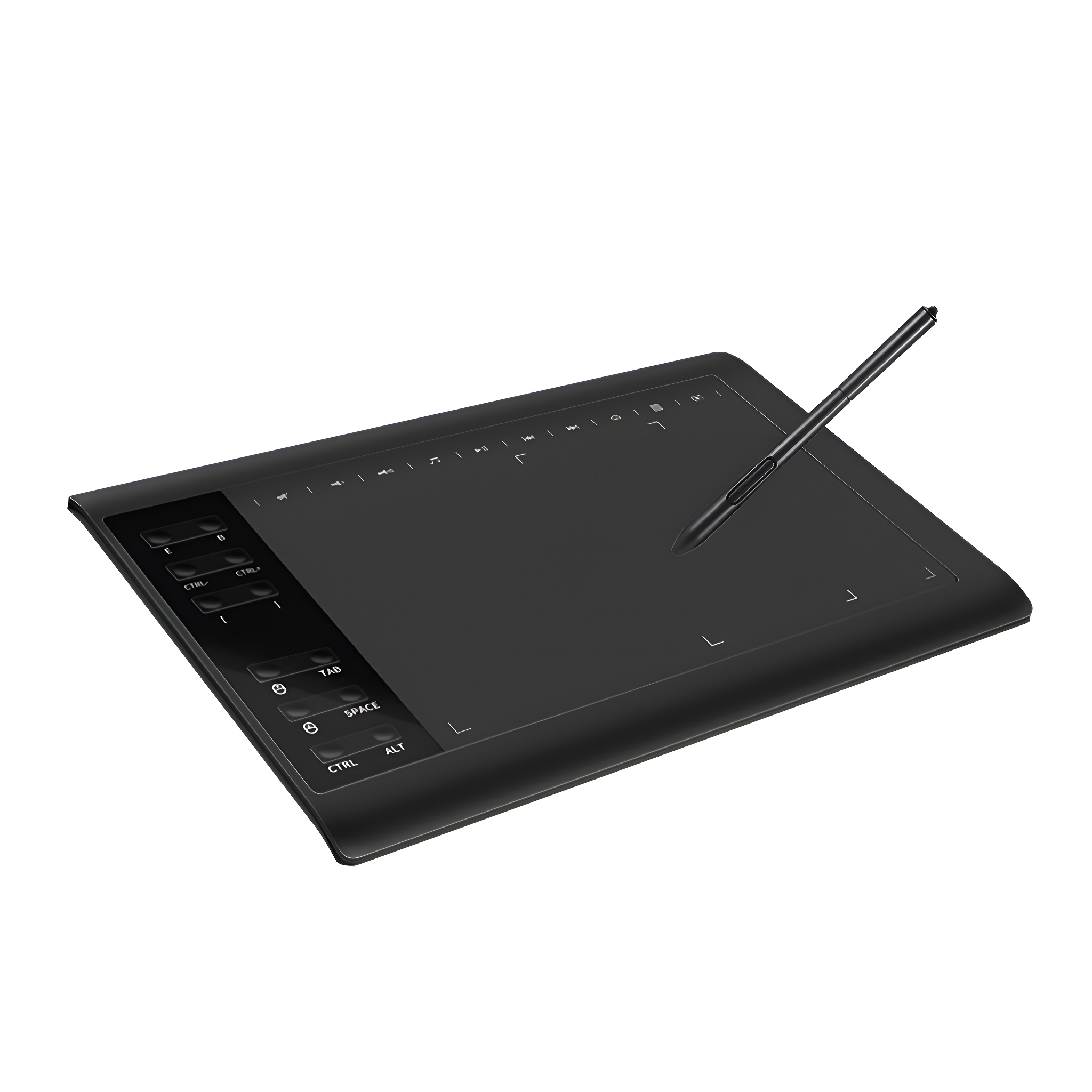 Ein schwarzes Grafiktablett mit Stift auf weißem Hintergrund.
