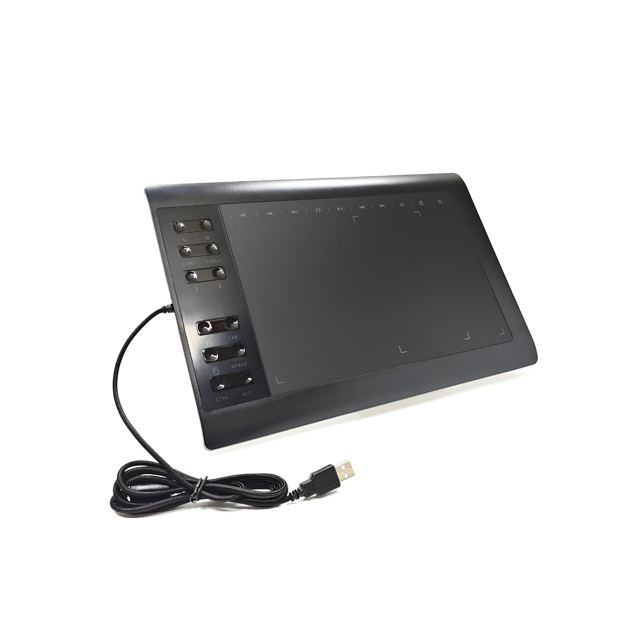 Ein schwarzes Zeichentablett mit Tasten und einem USB-Kabel. Es liegt auf einer weißen Oberfläche.