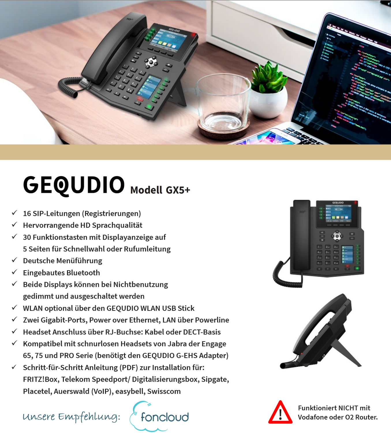 Telefono da ufficio nero con schermo, bicchiere, laptop con codice e dettagli del modello GEQUDIO.