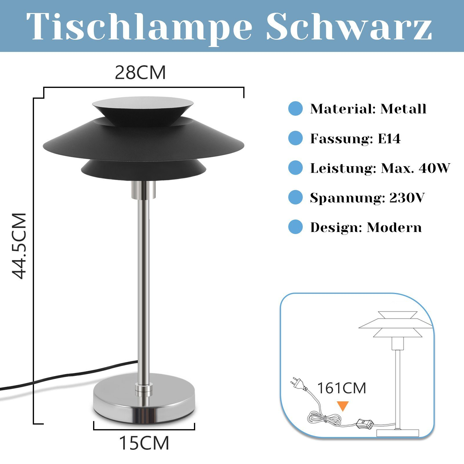 Czarna lampa biurkowa z wymiarami w cm. Etykiety informacyjne po prawej. Nowoczesny design.
