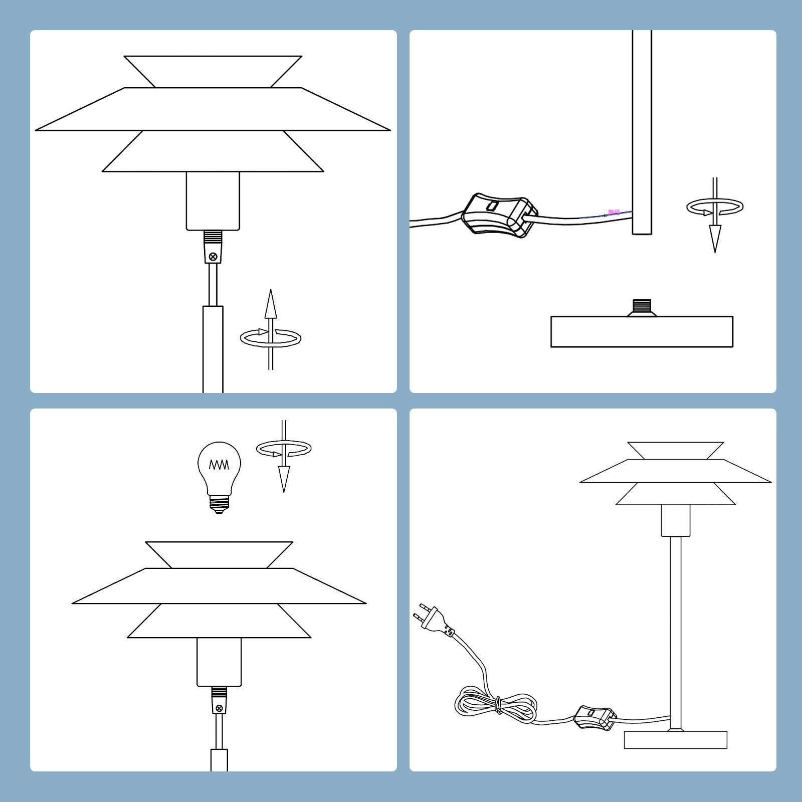 Schematy ilustrujące montaż lampy, w tym wkładanie żarówki i podłączanie wtyczki.
