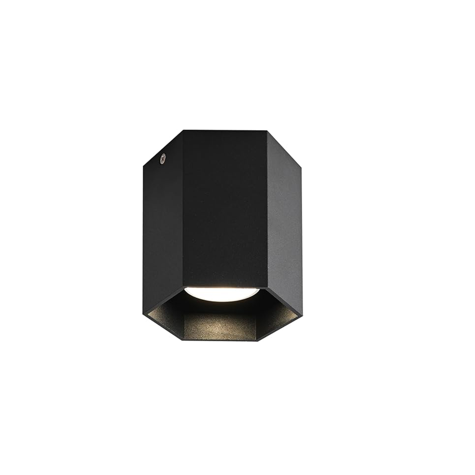 Applique nera a forma esagonale, che emette luce verso il basso.