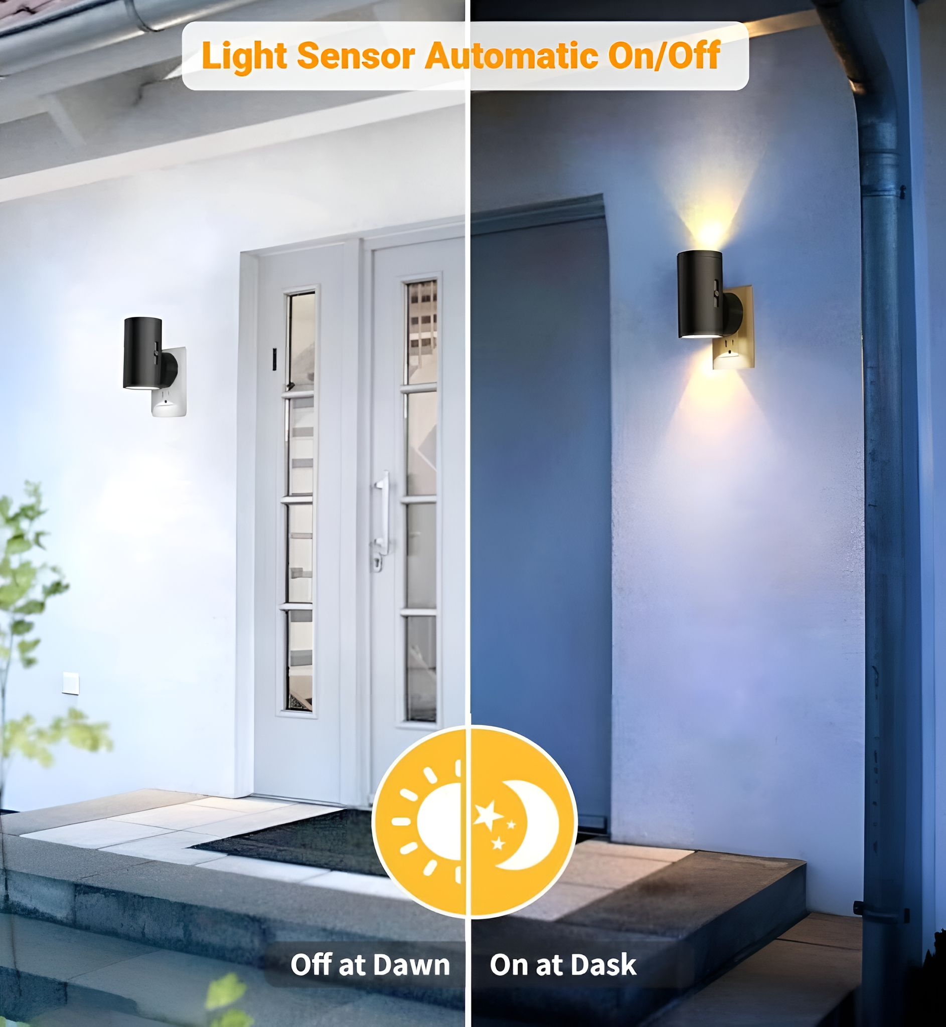 Eine Außenleuchte wird gezeigt. Der Text lautet: Lichtsensor Automatisches Ein/Aus. Ein Bild zeigt Licht aus, das andere an.