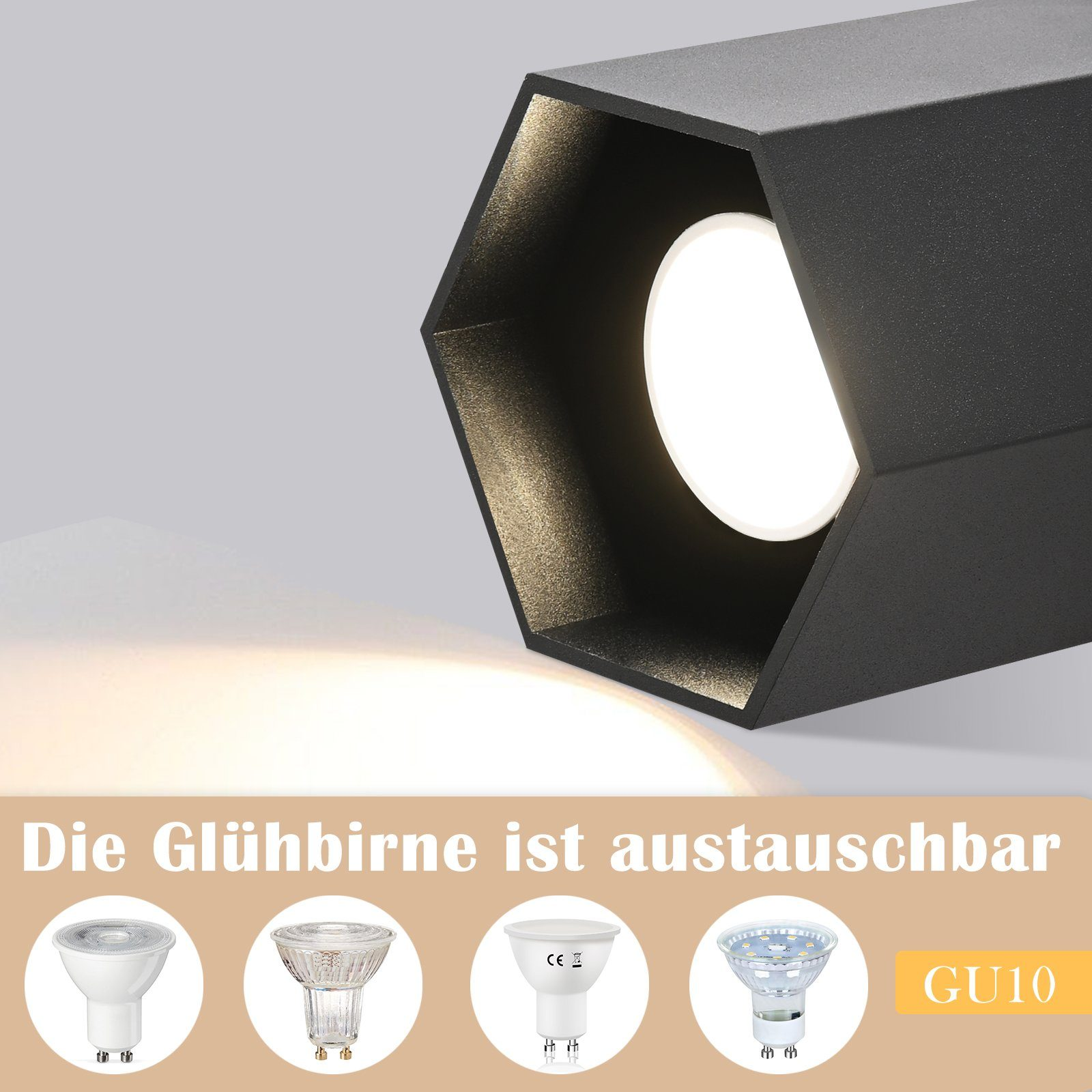 Lampada esagonale nera con luce intensa e opzioni di lampadine sostituibili. Testo: Die Glühbirne ist austauschbar.