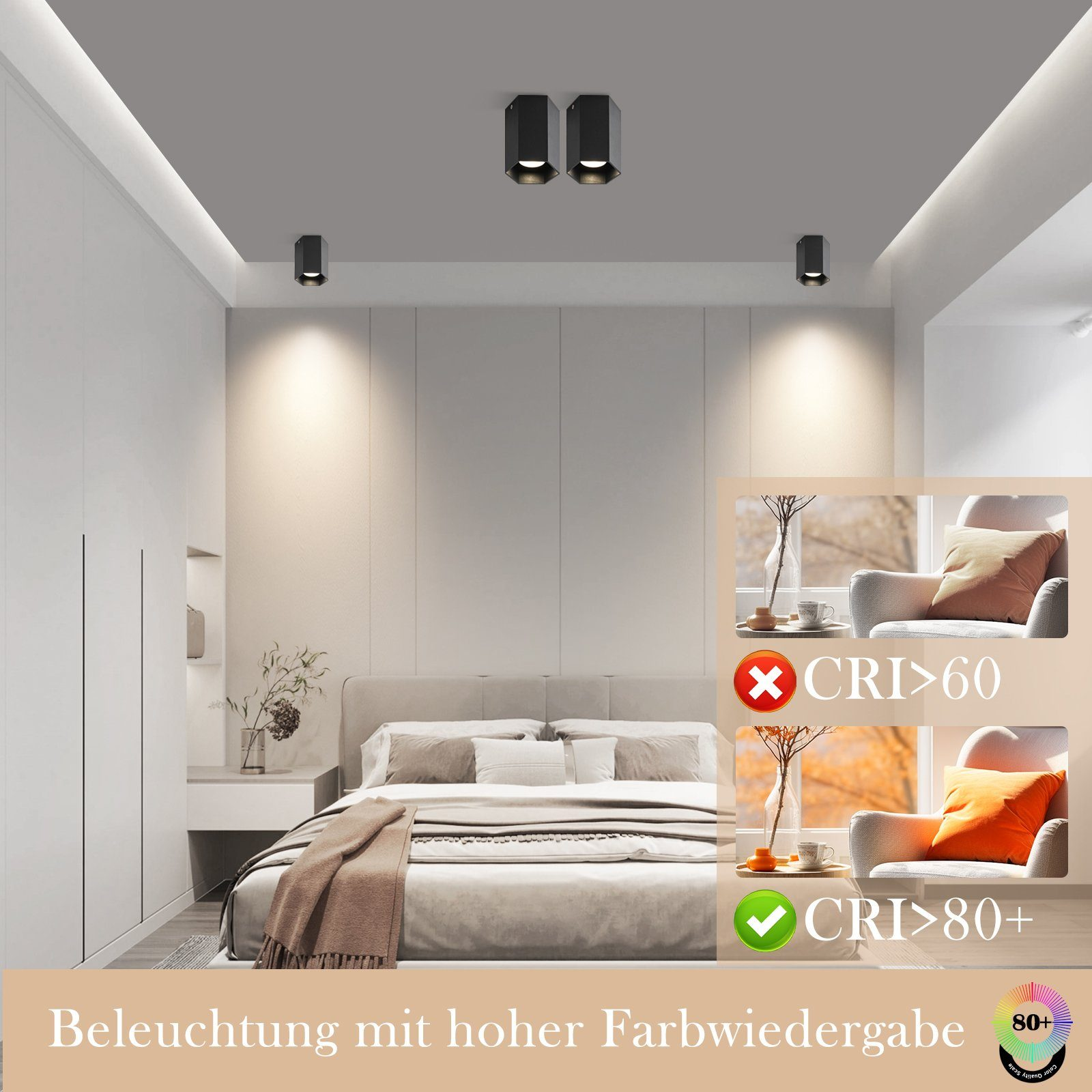 Camera da letto con letto e illuminazione. Due immagini mostrano esempi di illuminazione CRI<gt/>60 e CRI<gt/>80+. Testo: Beleuchtung mit hoher Farbwiedergabe.