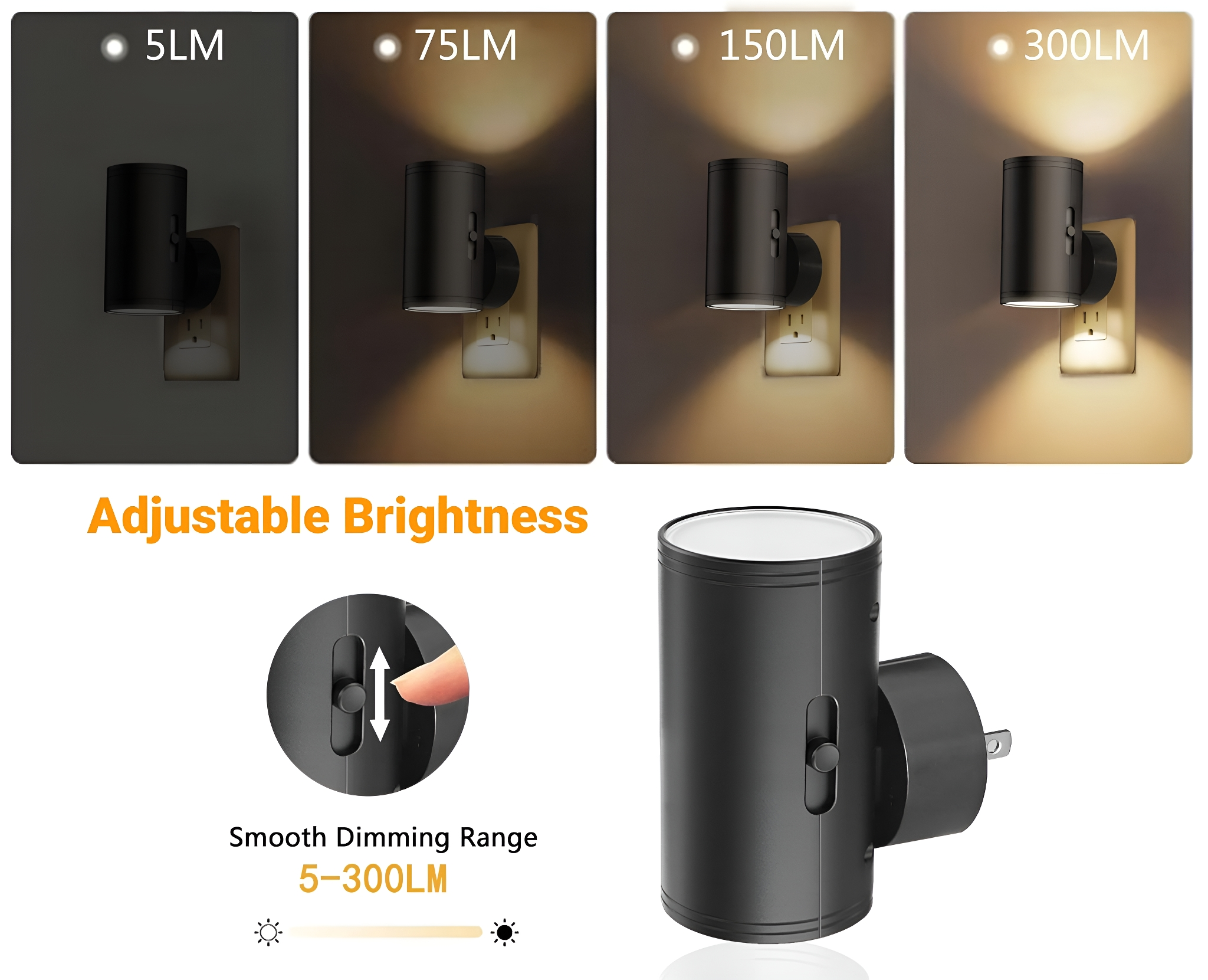 Helligkeit einstellbares LED-Nachtlicht in einer Steckdose, verschiedene Helligkeitsstufen.