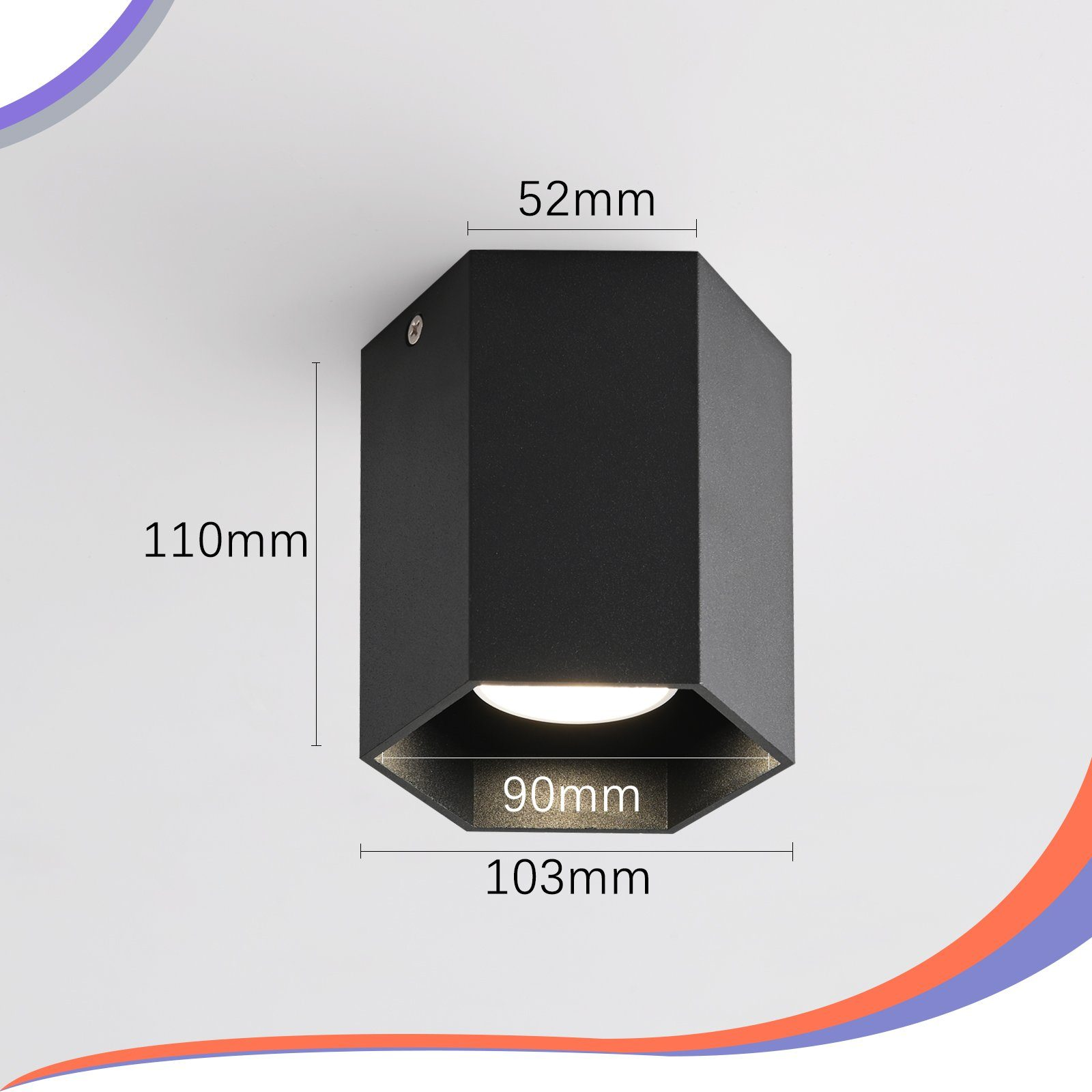 Lampada da parete nera, geometrica con dimensioni: 110 mm, 103 mm, 90 mm e 52 mm. Sfondo bianco.