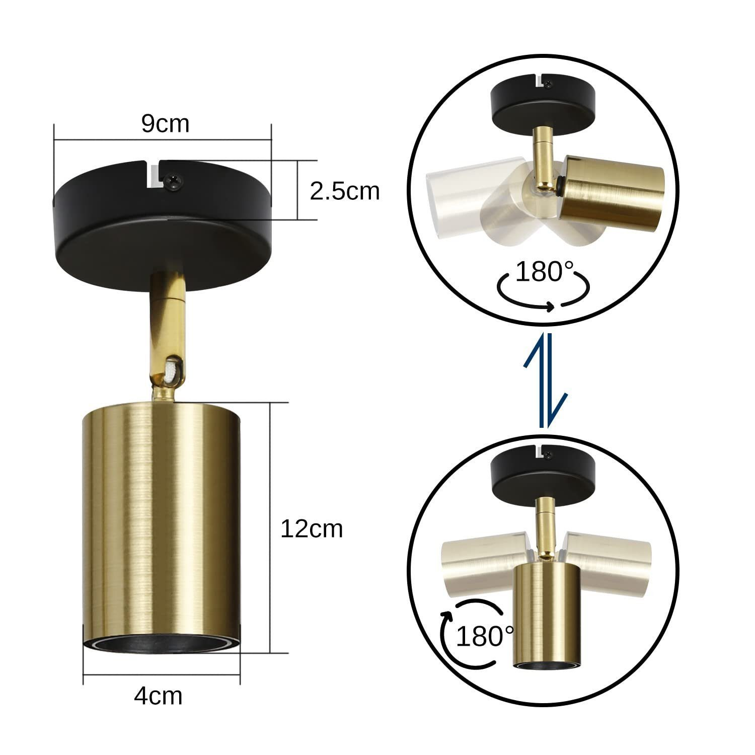 Diagramma di un faretto color oro con dimensioni e angoli di rotazione indicati.