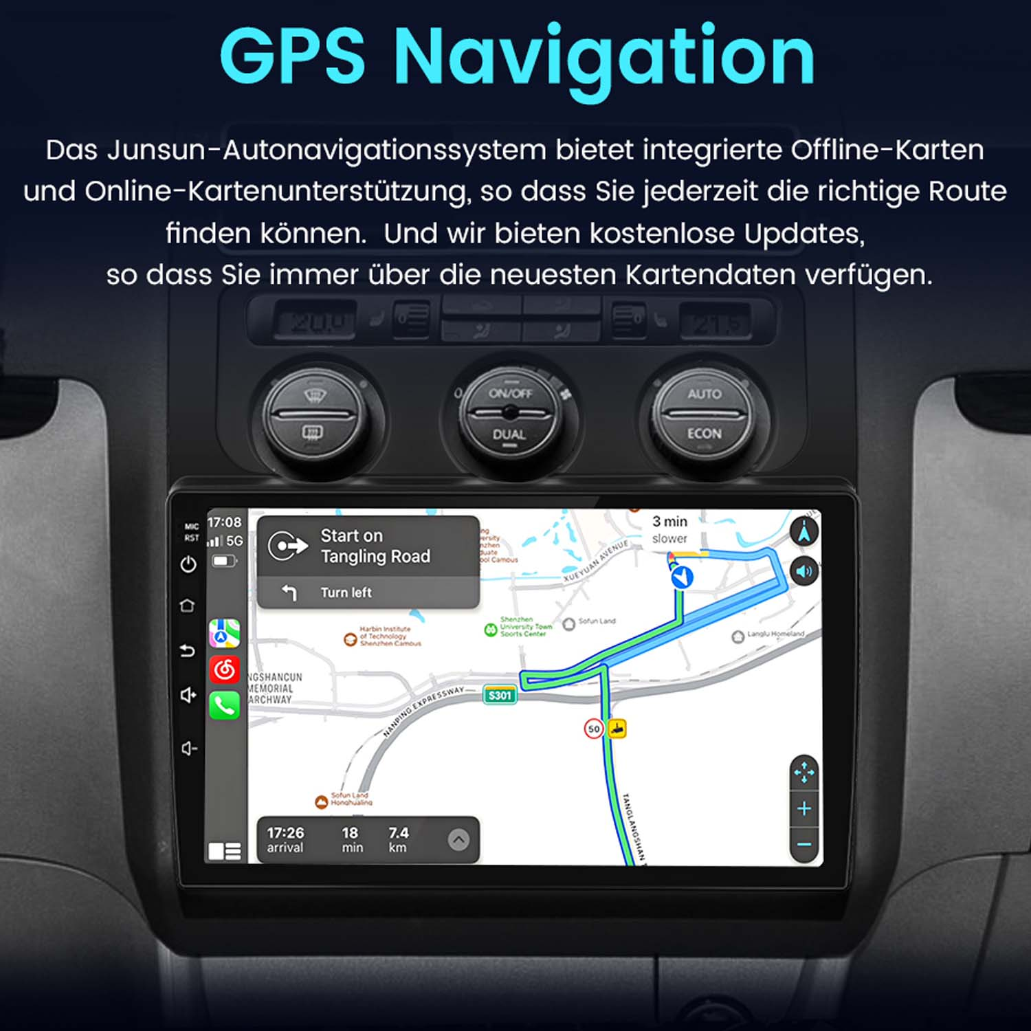 Deska rozdzielcza samochodu z nawigacją GPS, mapą, prowadzeniem po trasie i różnymi przyciskami sterowania.