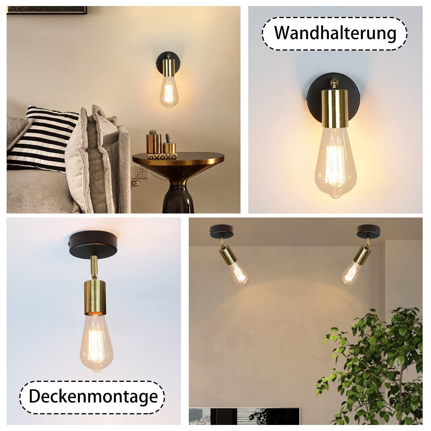 Quattro immagini di lampade con lampadine Edison. Una è montata a parete, una a soffitto e due sono faretti.