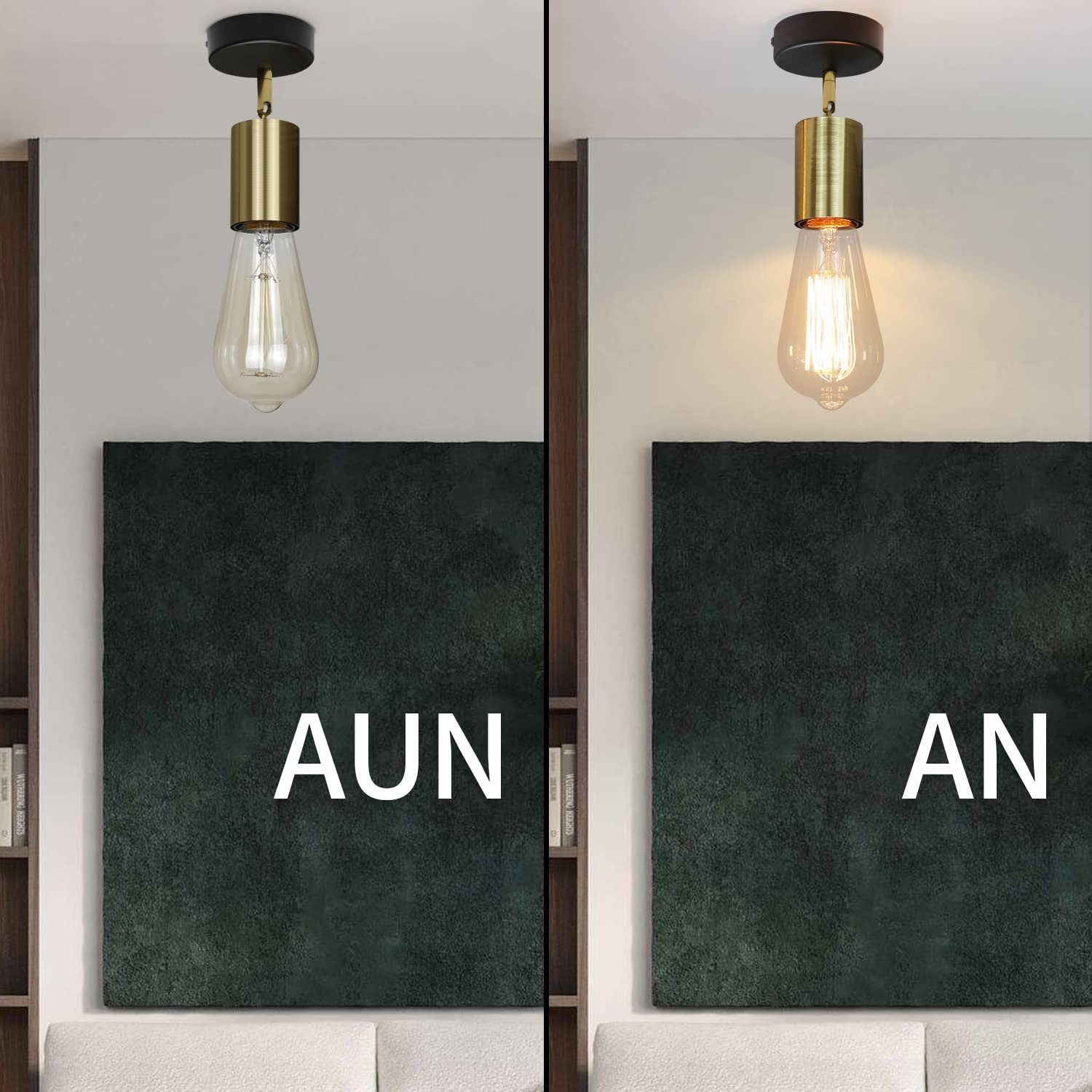 Una lampadina si accende e si spegne sopra un divano bianco e un dipinto verde.