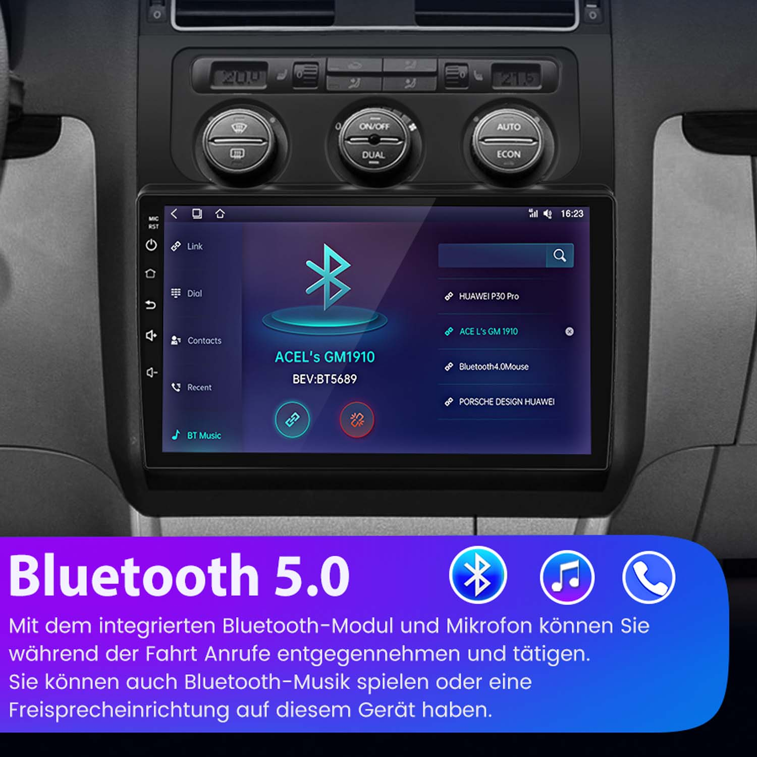 System informacyjno-rozrywkowy w samochodzie z ekranem dotykowym pokazującym połączenie Bluetooth i kontrolę muzyki.