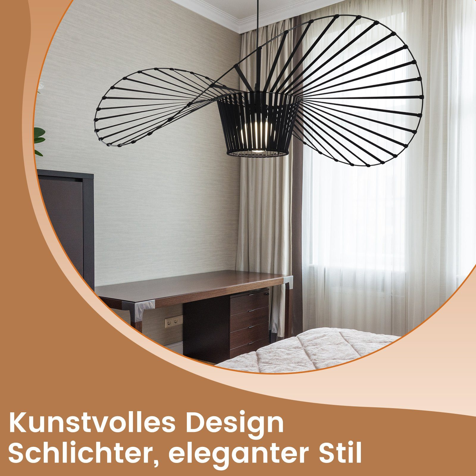 Eine schwarze abstrakte Deckenlampe mit Text: 'Künstlerisches Design, Schlichter, eleganter Stil'.