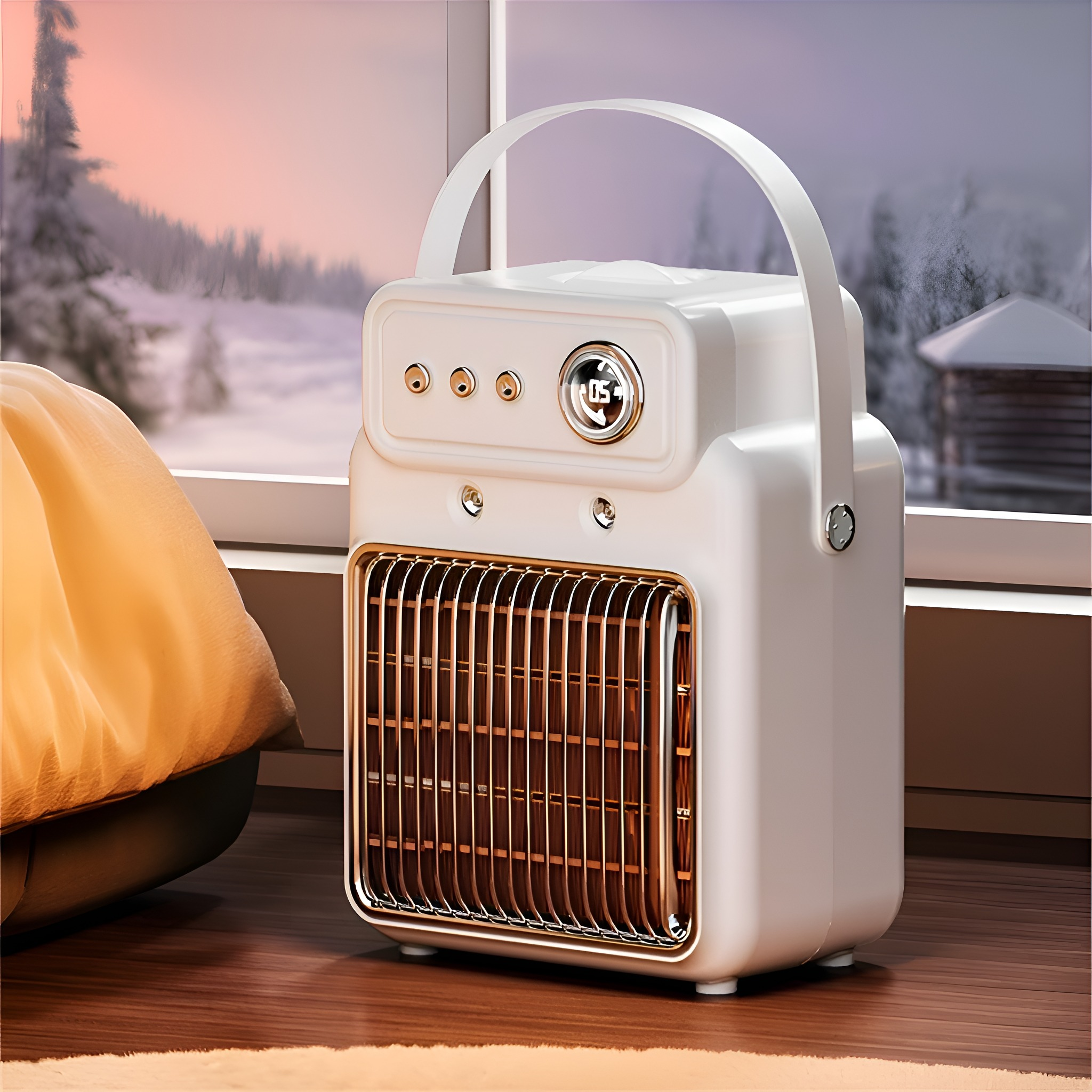 Ein weißer, tragbarer Heizlüfter mit Griff vor einem Fenster mit einer Winterszene.