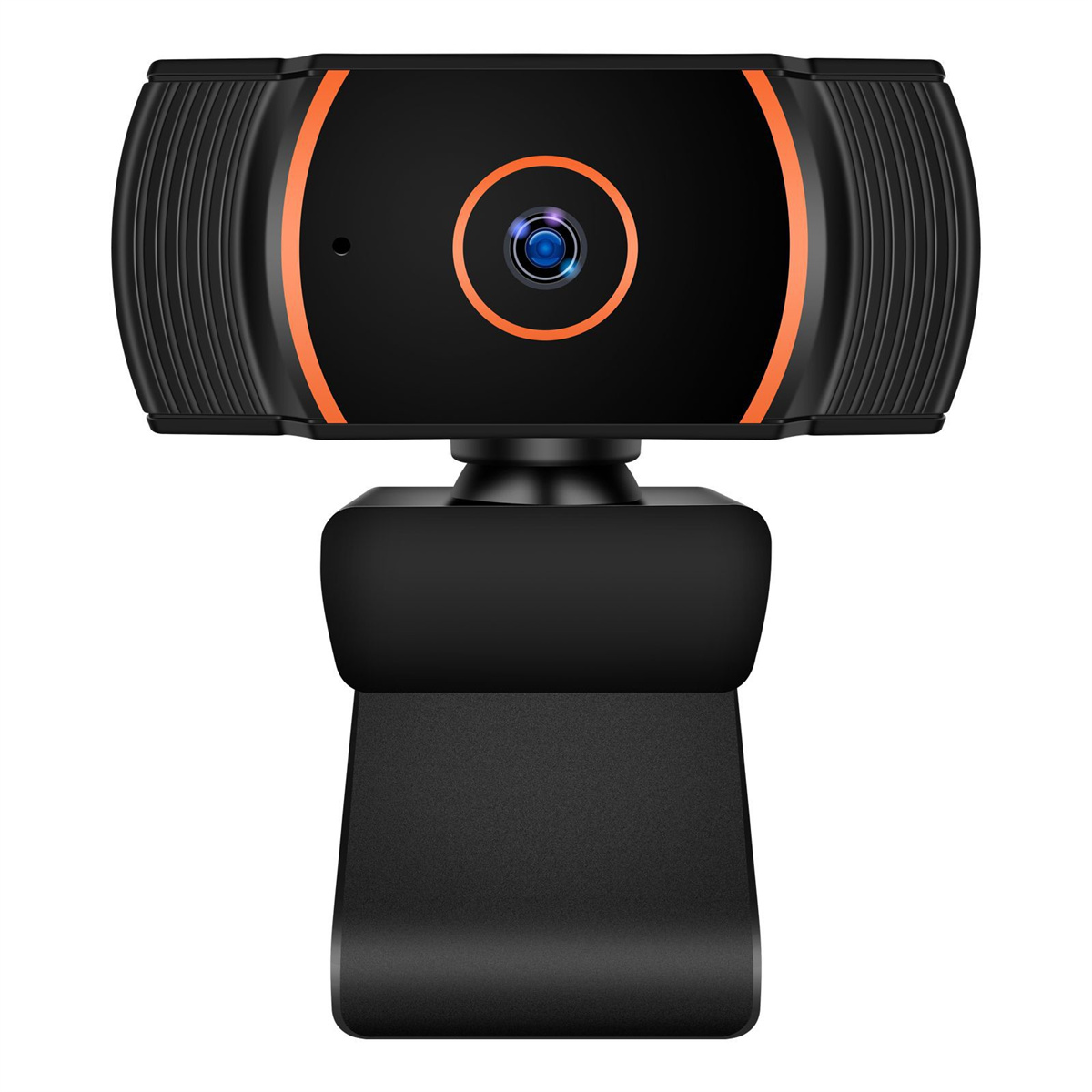 Webcam, schwarz, mit orangefarbenen Akzenten. Linse in der Mitte, Clip-on-Basis.