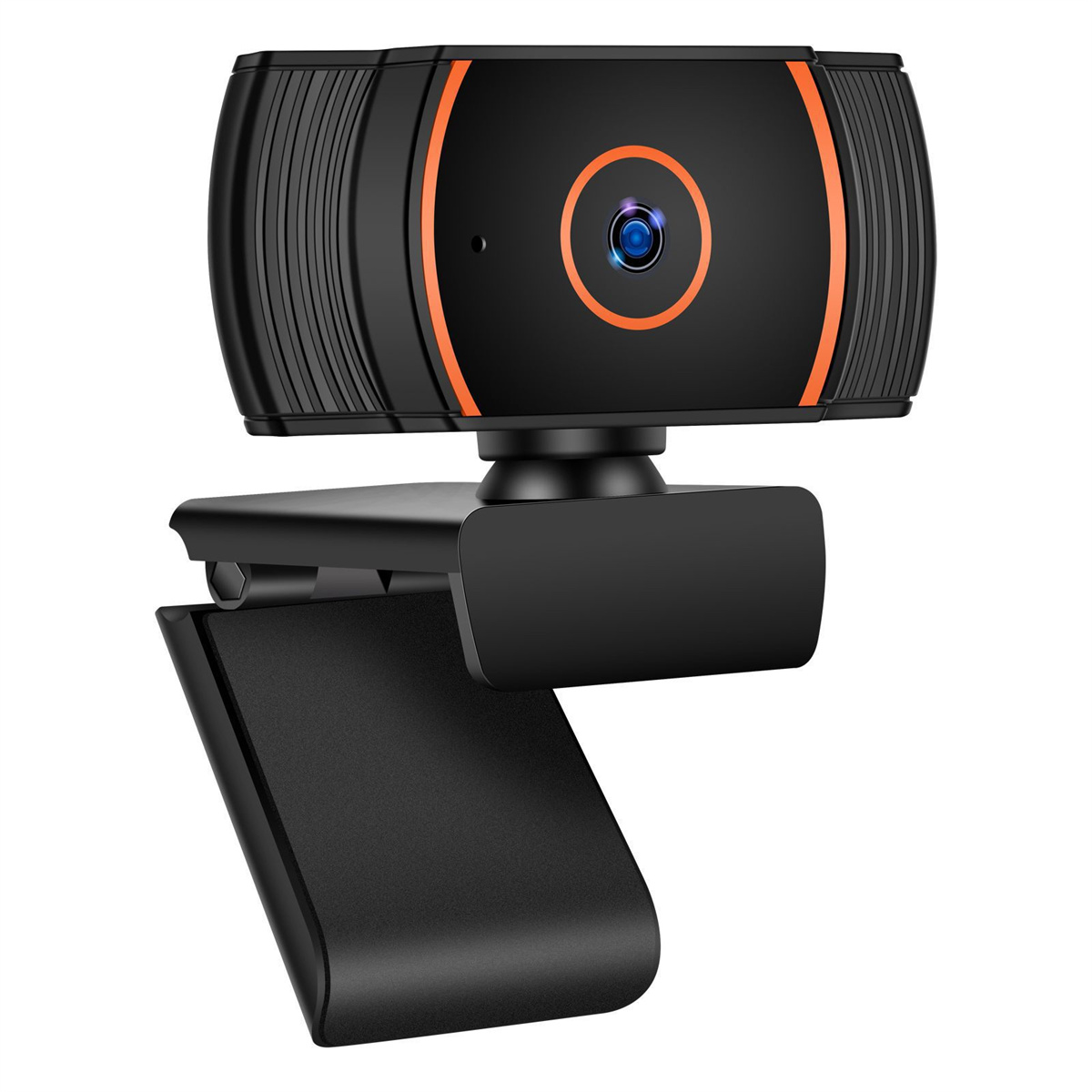 Eine schwarze Webcam mit orangefarbenen Akzenten. Sie hat ein Objektiv, ist auf einem Ständer montiert und befindet sich vor weißem Hintergrund.