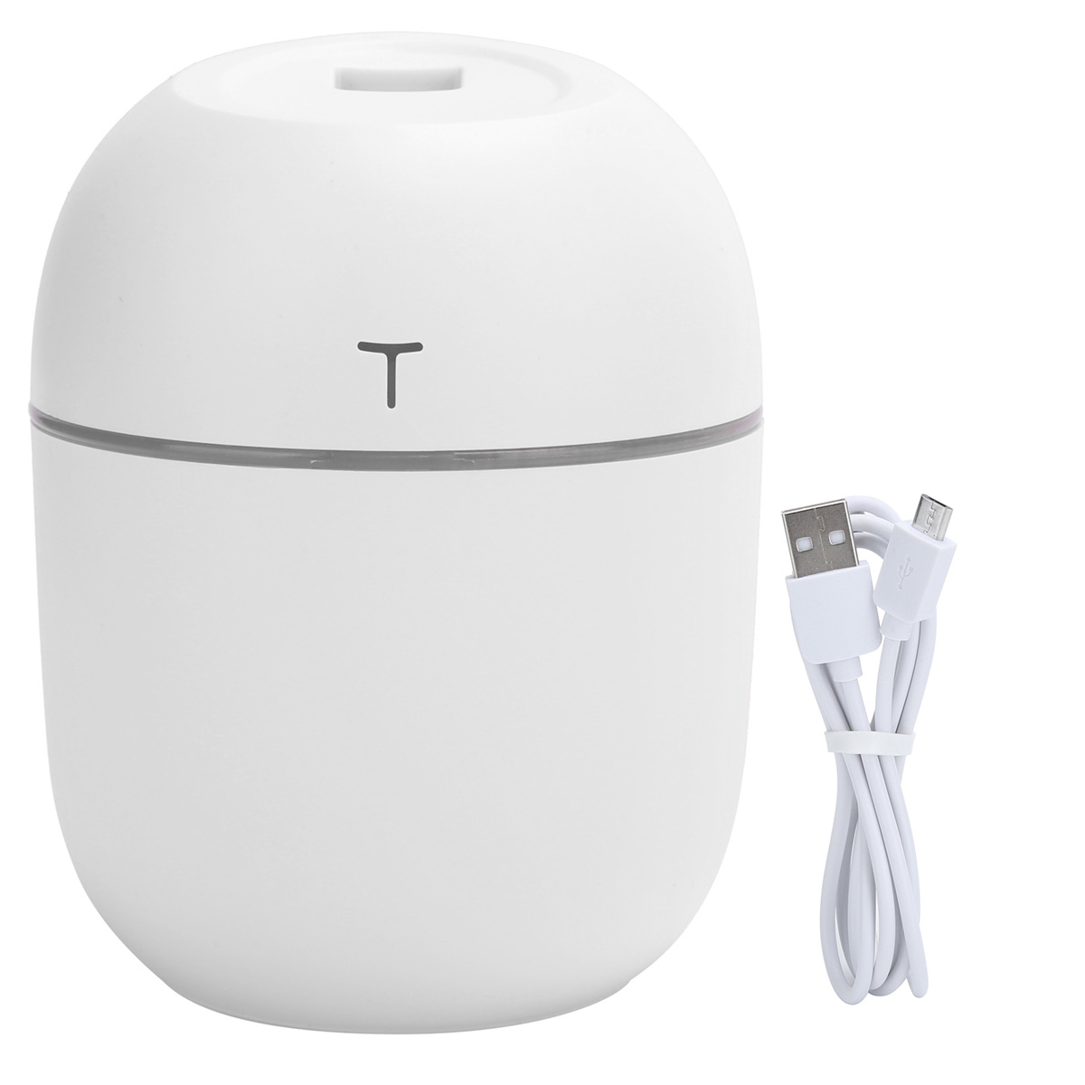 Ein weißer, oval geformter Luftbefeuchter mit USB-Kabel, der zum Einstecken bereit ist. Das Wort 'T' ist auf dem Gerät sichtbar.